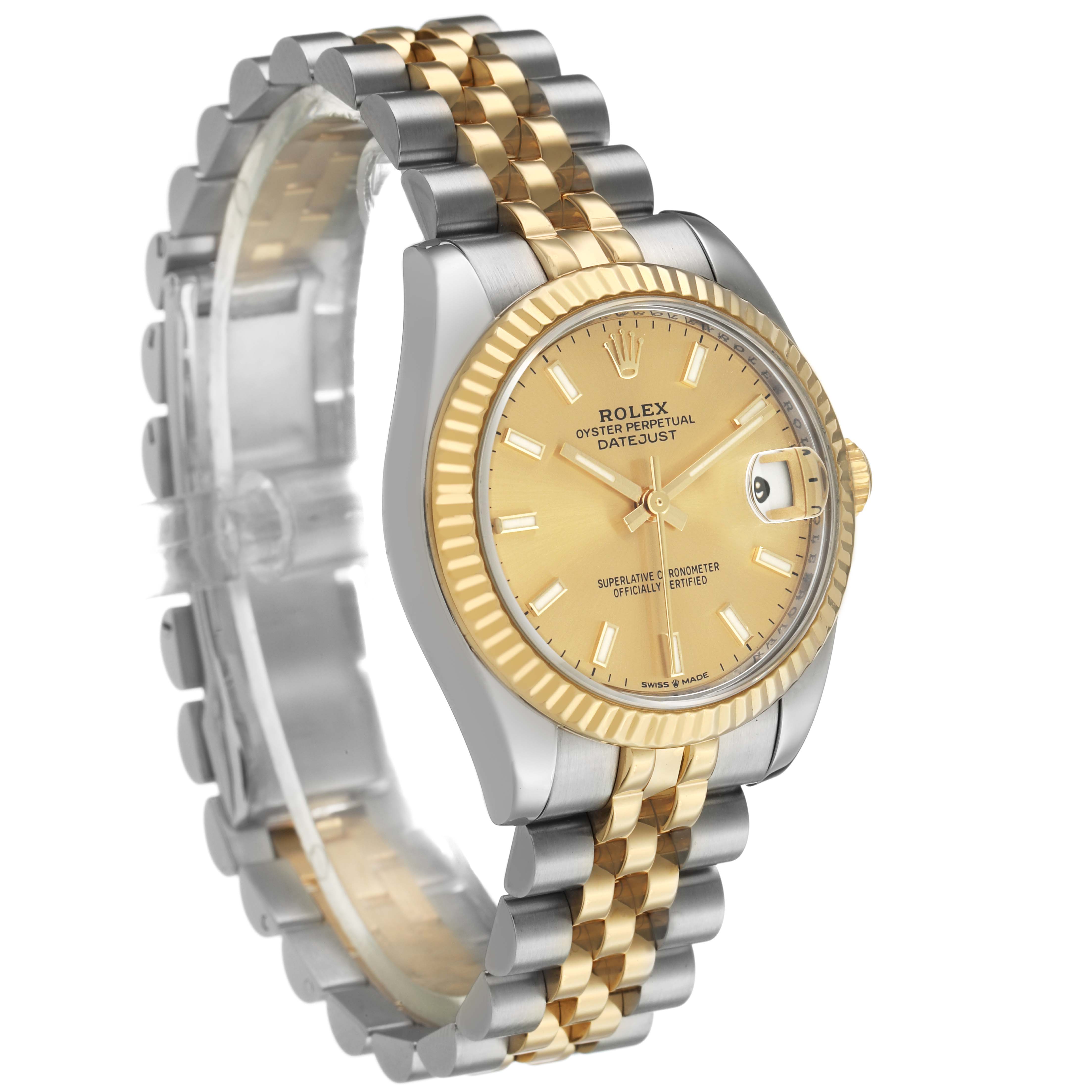 The Rolex Datejust Mid-Size watch is shown at a front angle, highlighting the dial, bezel, and two-tone bracelet.