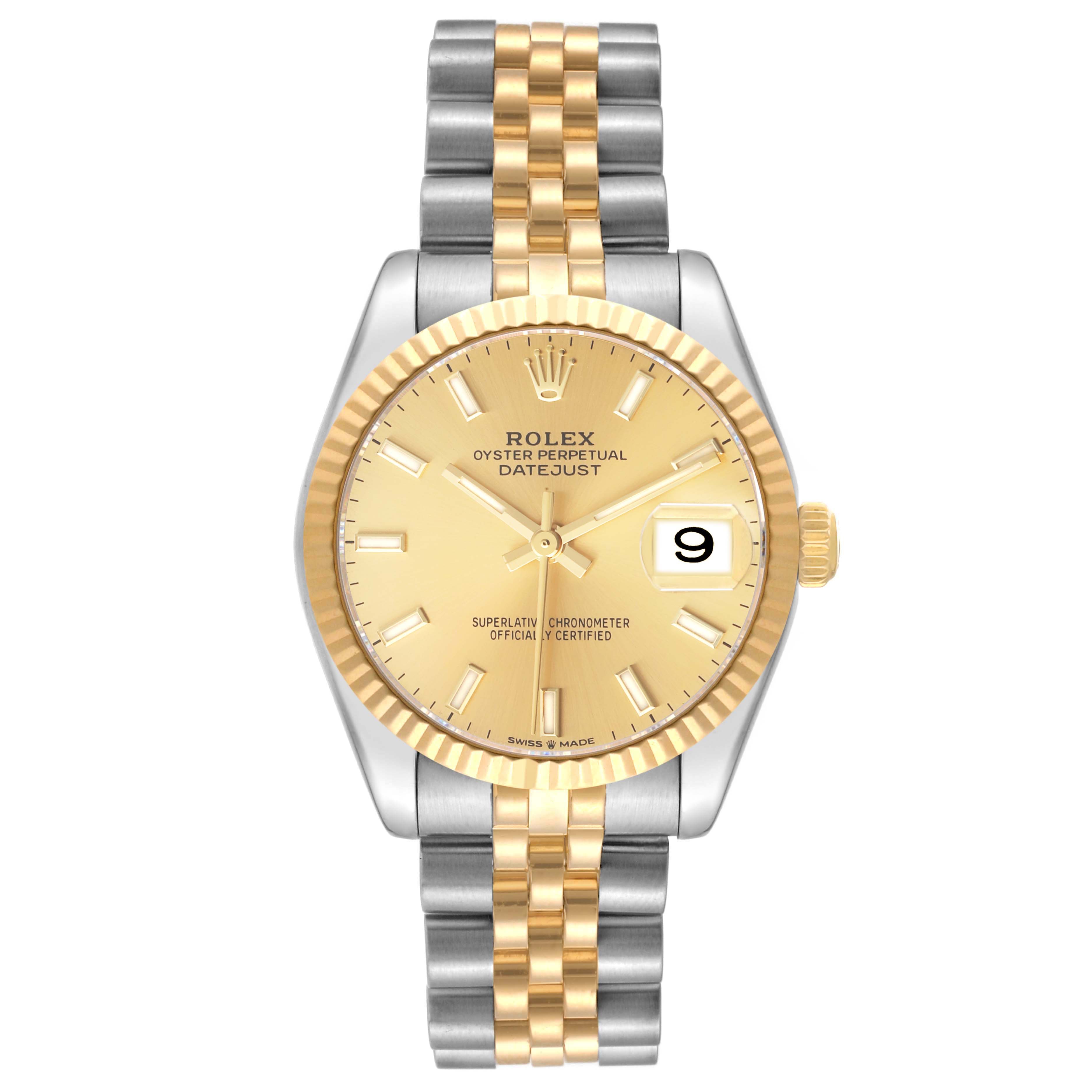 The Rolex Datejust Mid-Size is shown from the front, displaying its gold dial and two-tone bracelet.