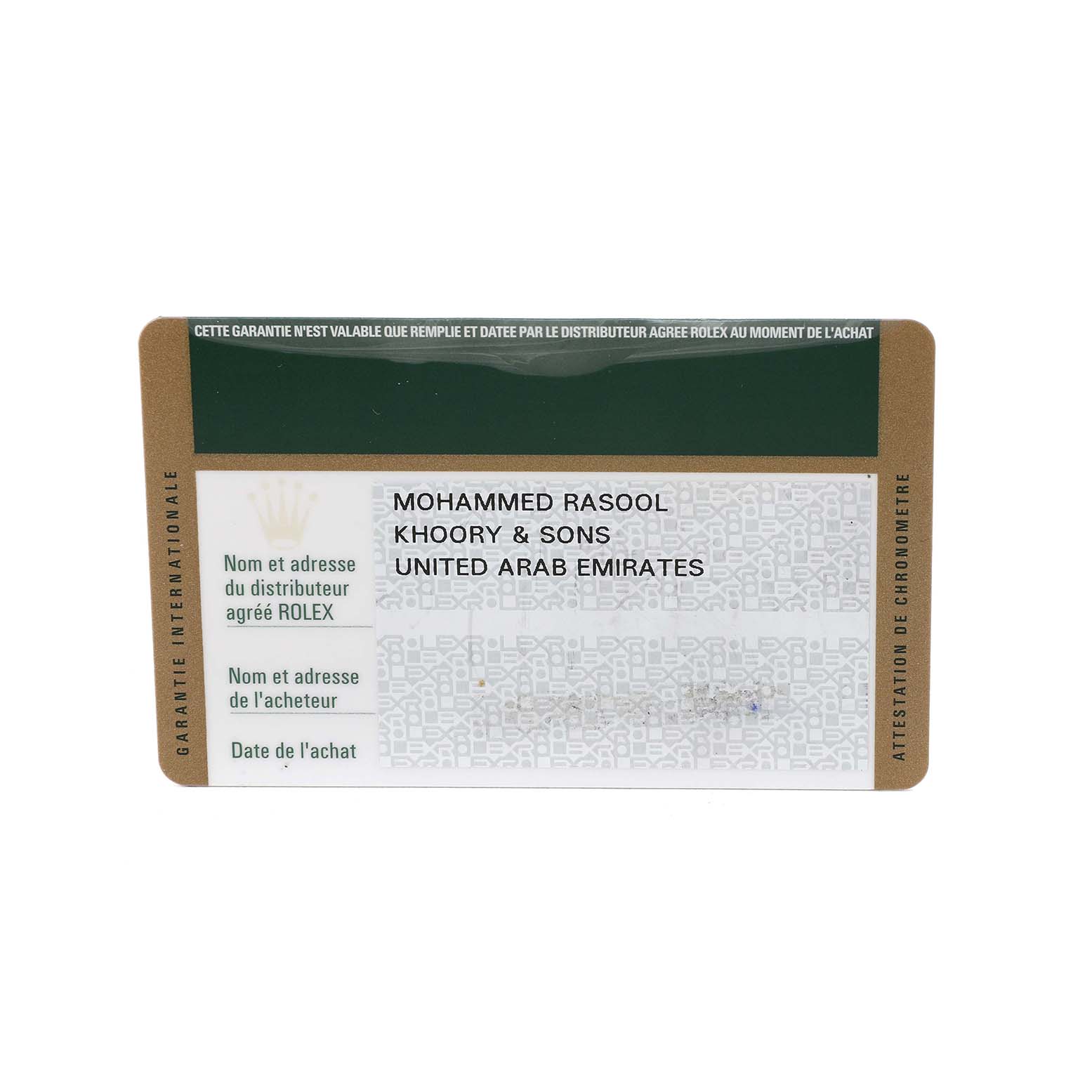 The image shows a certification card for a Mid-Size Rolex watch, displaying authorized distributor and buyer details.