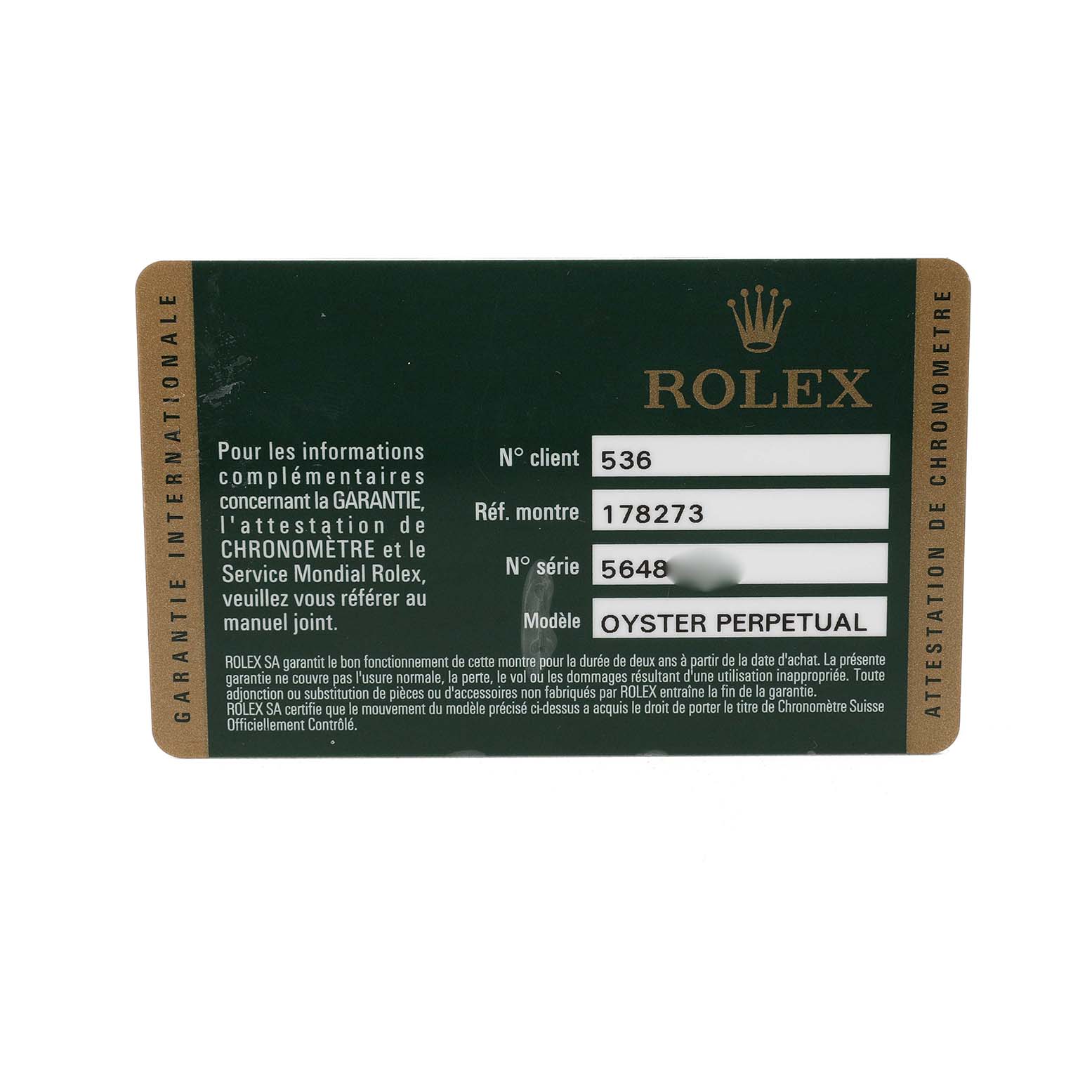 The image shows a warranty card for a Rolex Mid-Size 178273 Women's Steel and Gold (two tone) Champagne Dial Oyster Perpetual model, displaying reference and serial numbers.