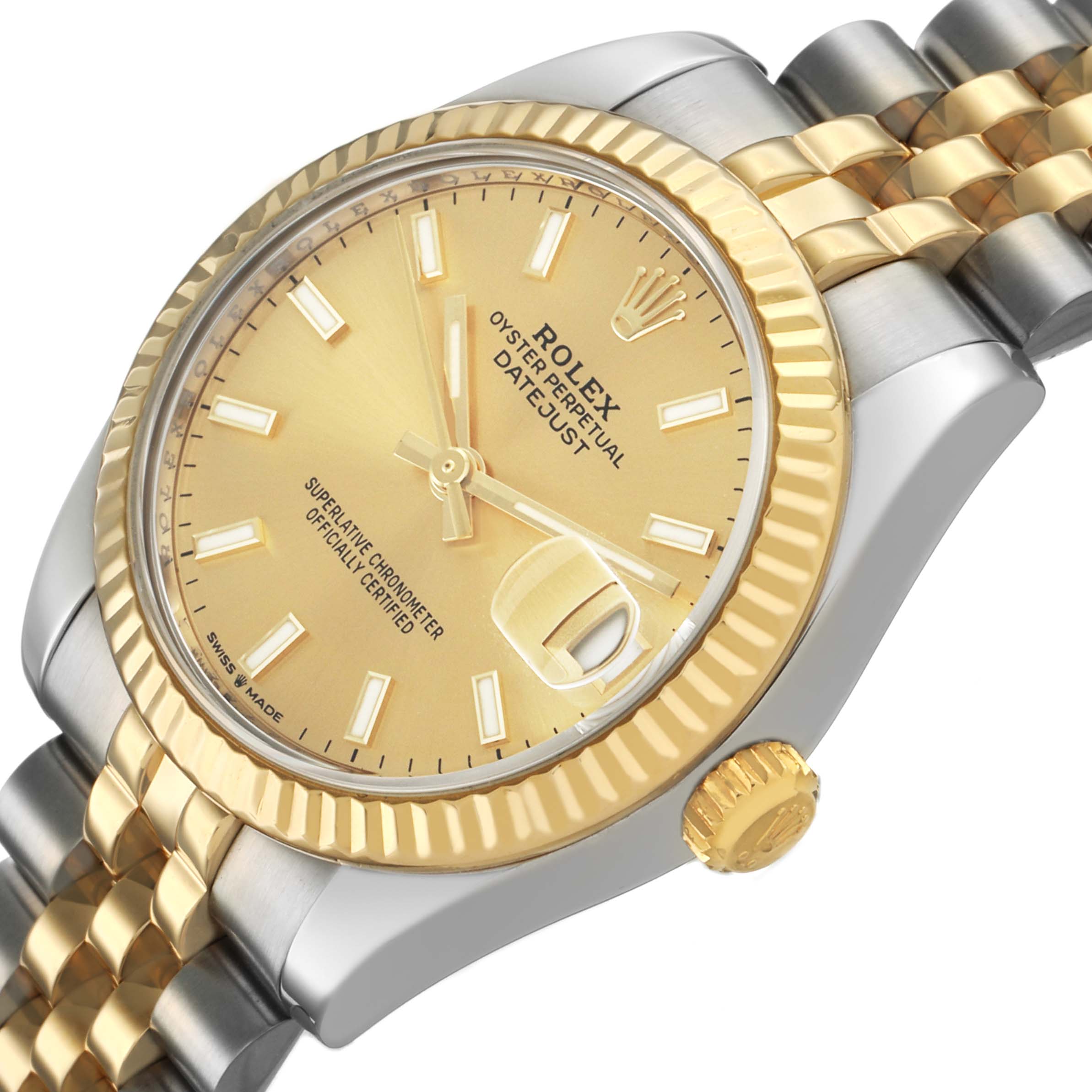 The Rolex Mid-Size 178273 Women's Steel and Gold (two tone) Champagne Dial watch is shown at a tilted angle, highlighting its gold dial, fluted bezel, and two-tone bracelet.
