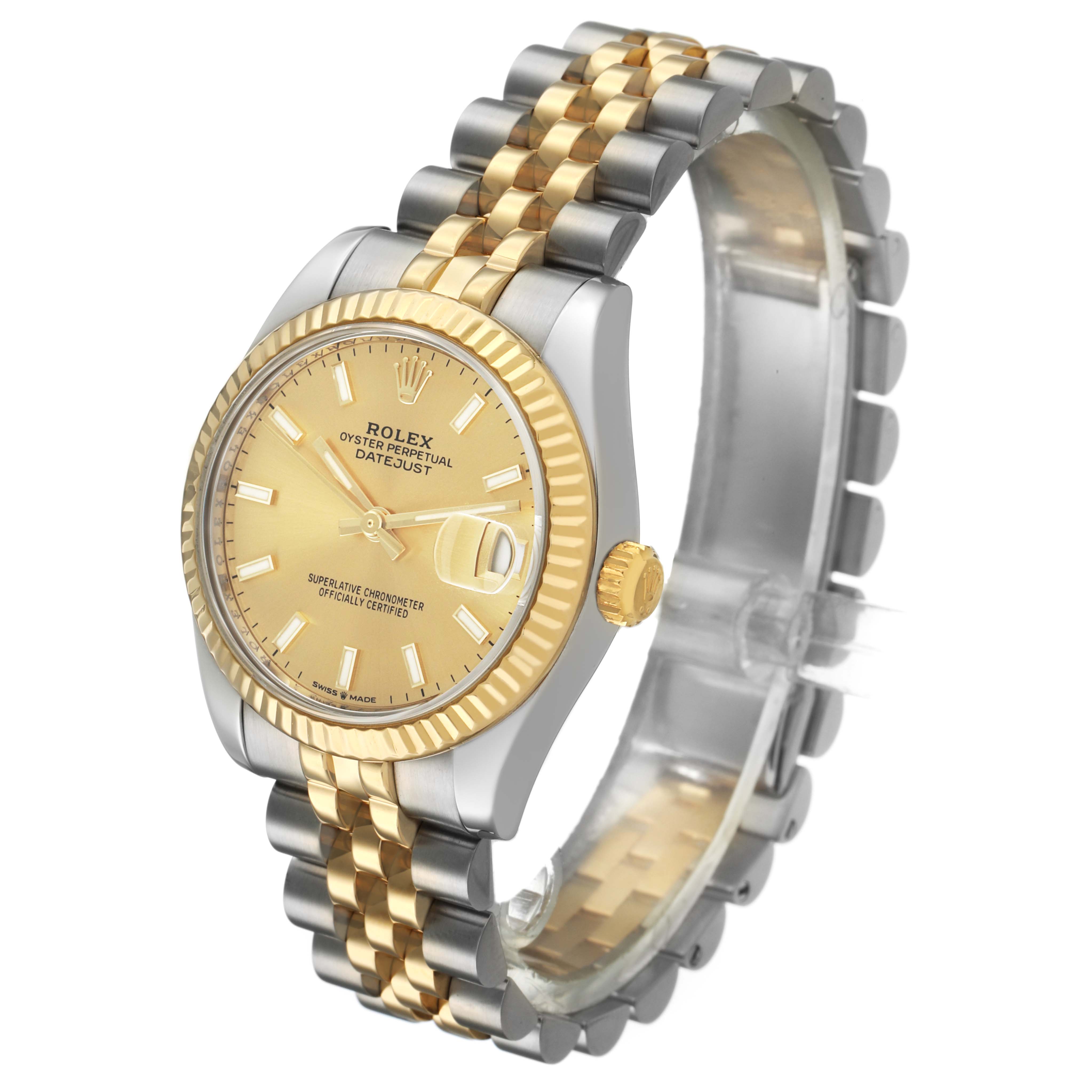 The Rolex Datejust Mid-Size watch is shown at a three-quarter angle, highlighting its face, bezel, crown, and bracelet.