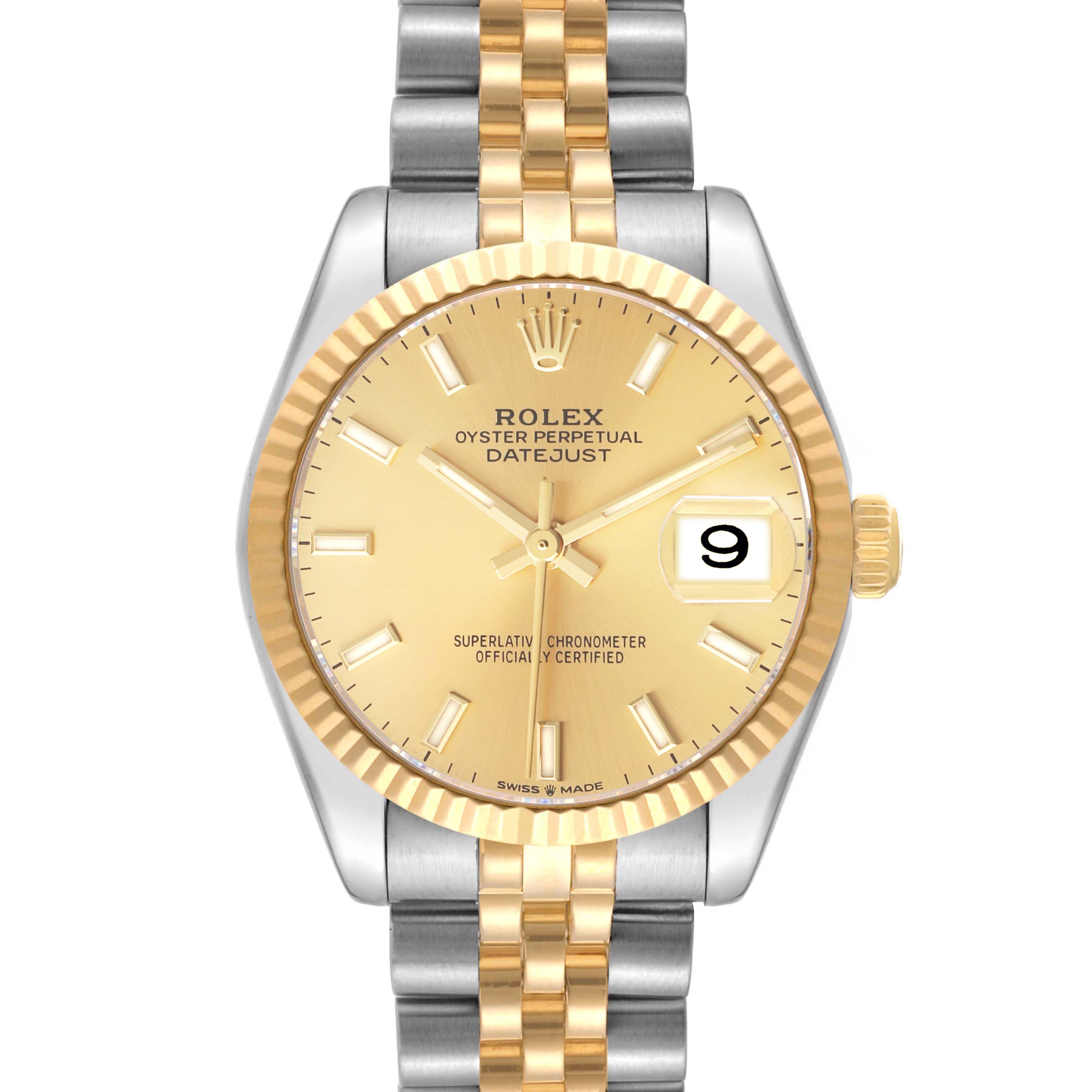 The Rolex Datejust Mid-Size is shown from the front, displaying the gold dial, bezel, two-tone bracelet, and date window.