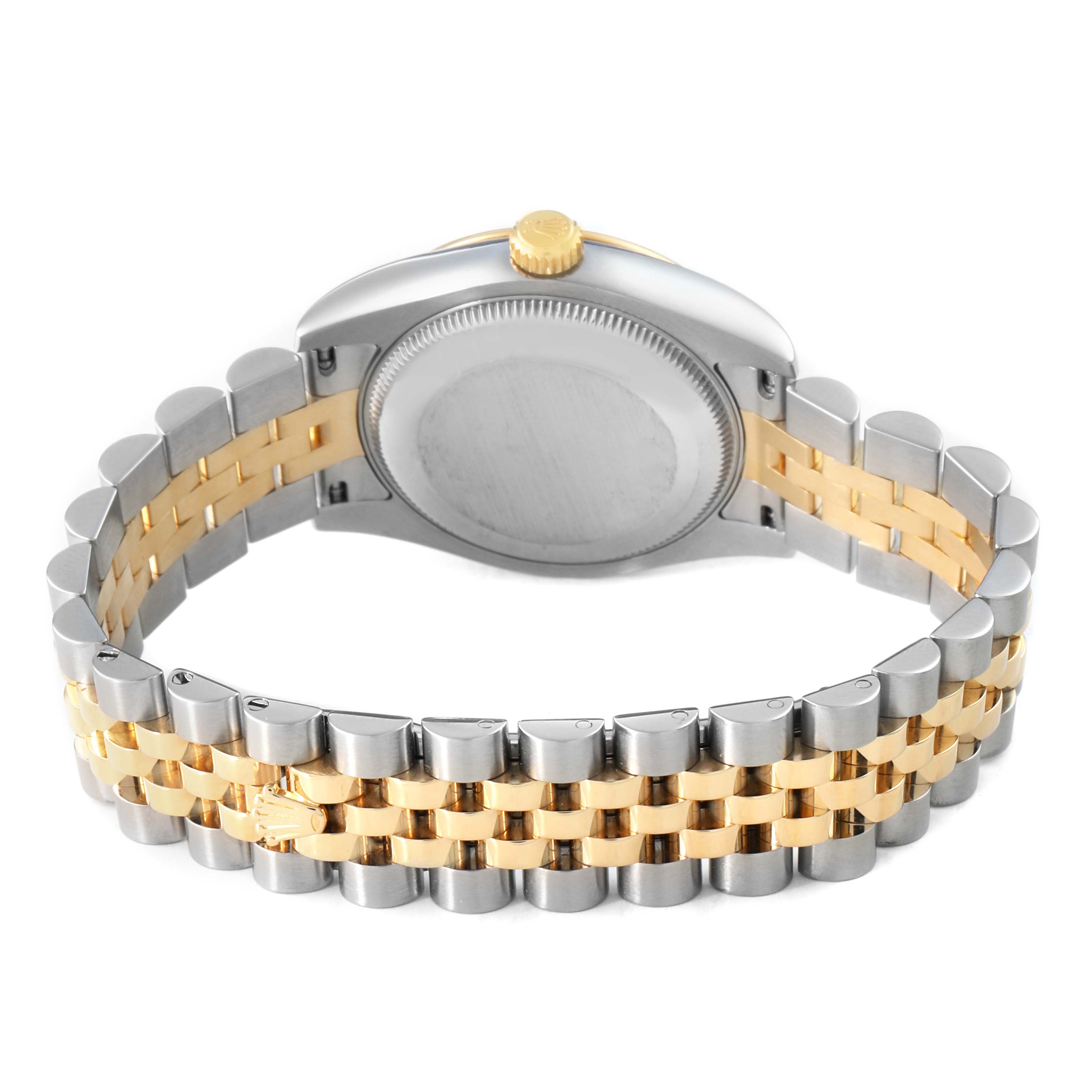 The image shows the back of a Rolex Mid-Size 178273 Women's Steel and Gold (two tone) Champagne Dial watch, highlighting the case back, crown, and two-tone bracelet.