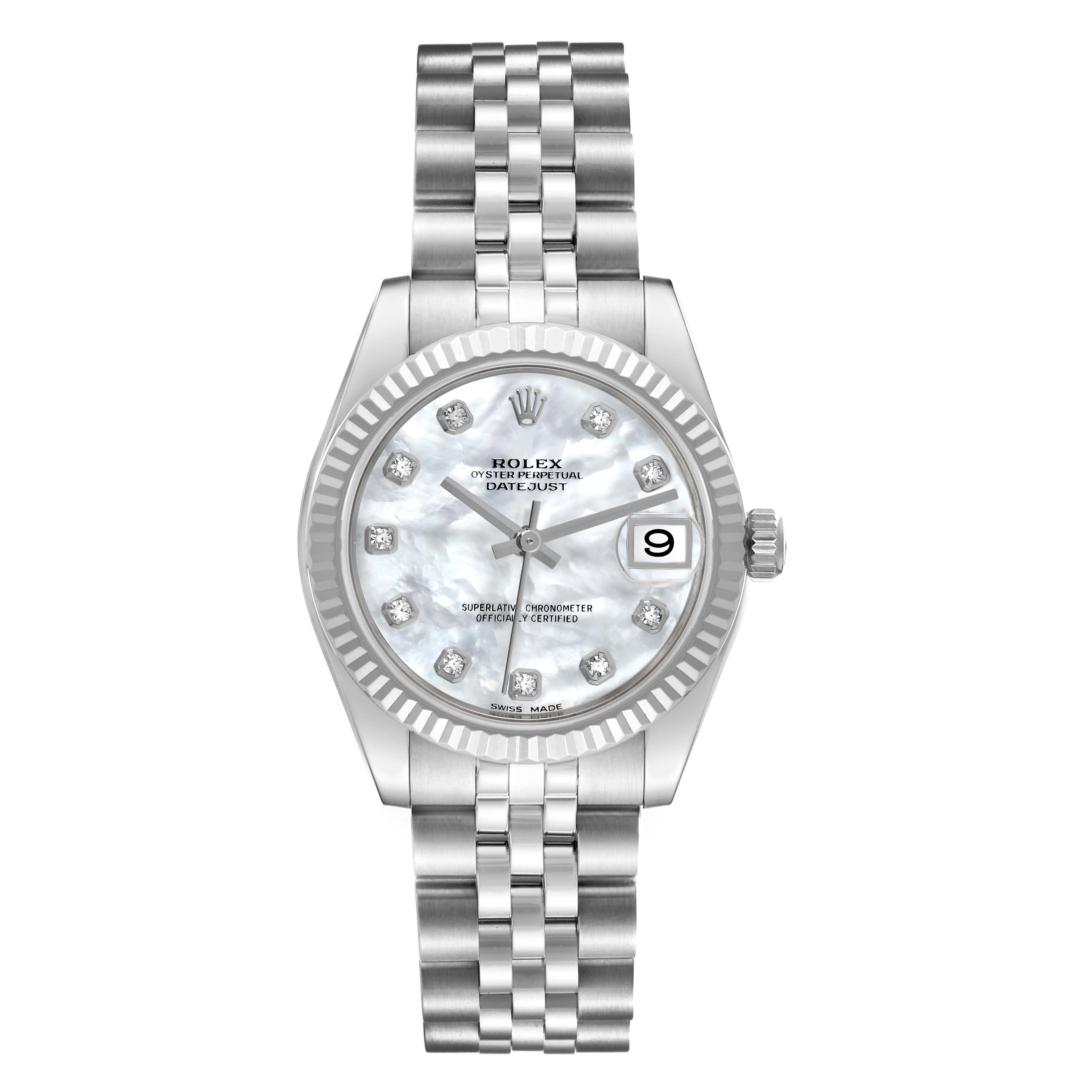 The image shows a front view of a Mid-Size Rolex Datejust watch, displaying the face, bezel, and part of the bracelet.