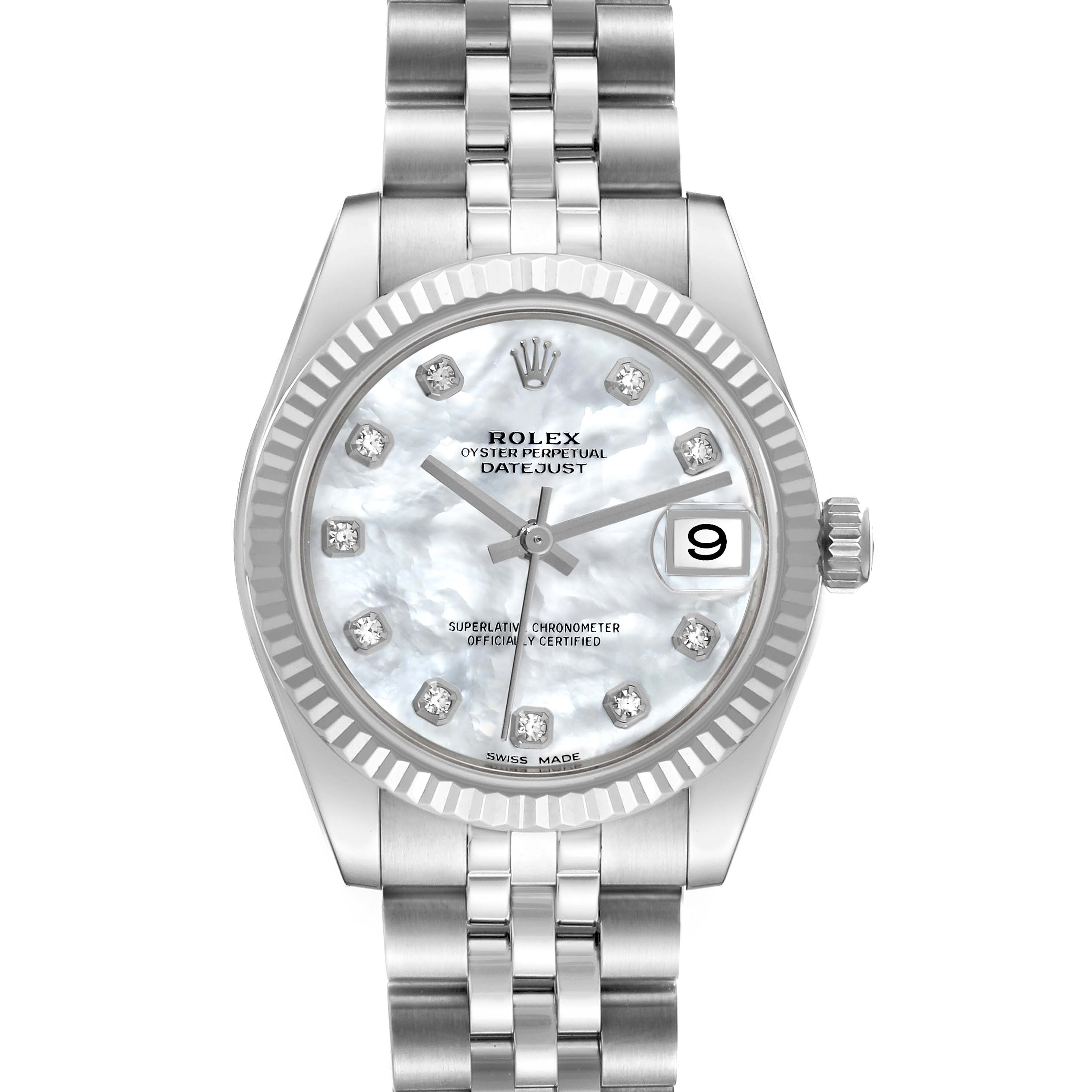 The image shows a front view of a Rolex Datejust Mid-Size watch, displaying the dial, bezel, crown, and bracelet.