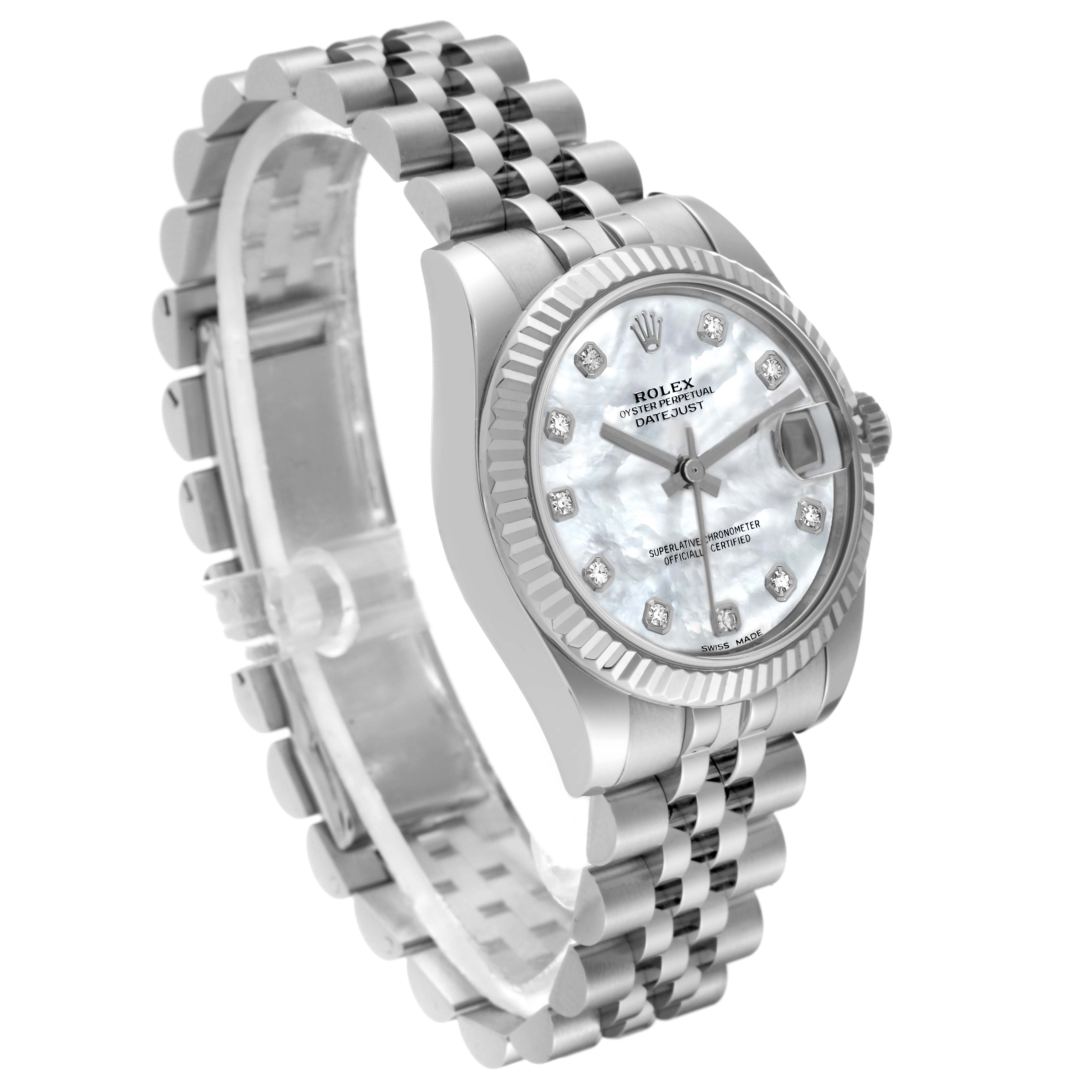 This image shows a Rolex Mid-Size 178274 Women
s Stainless Steel Mother of Pearl Dial 178274 Women
s Stainless Steel Mother of Pearl Dial Datejust watch at a three-quarter angle, highlighting the dial, bezel, and bracelet.