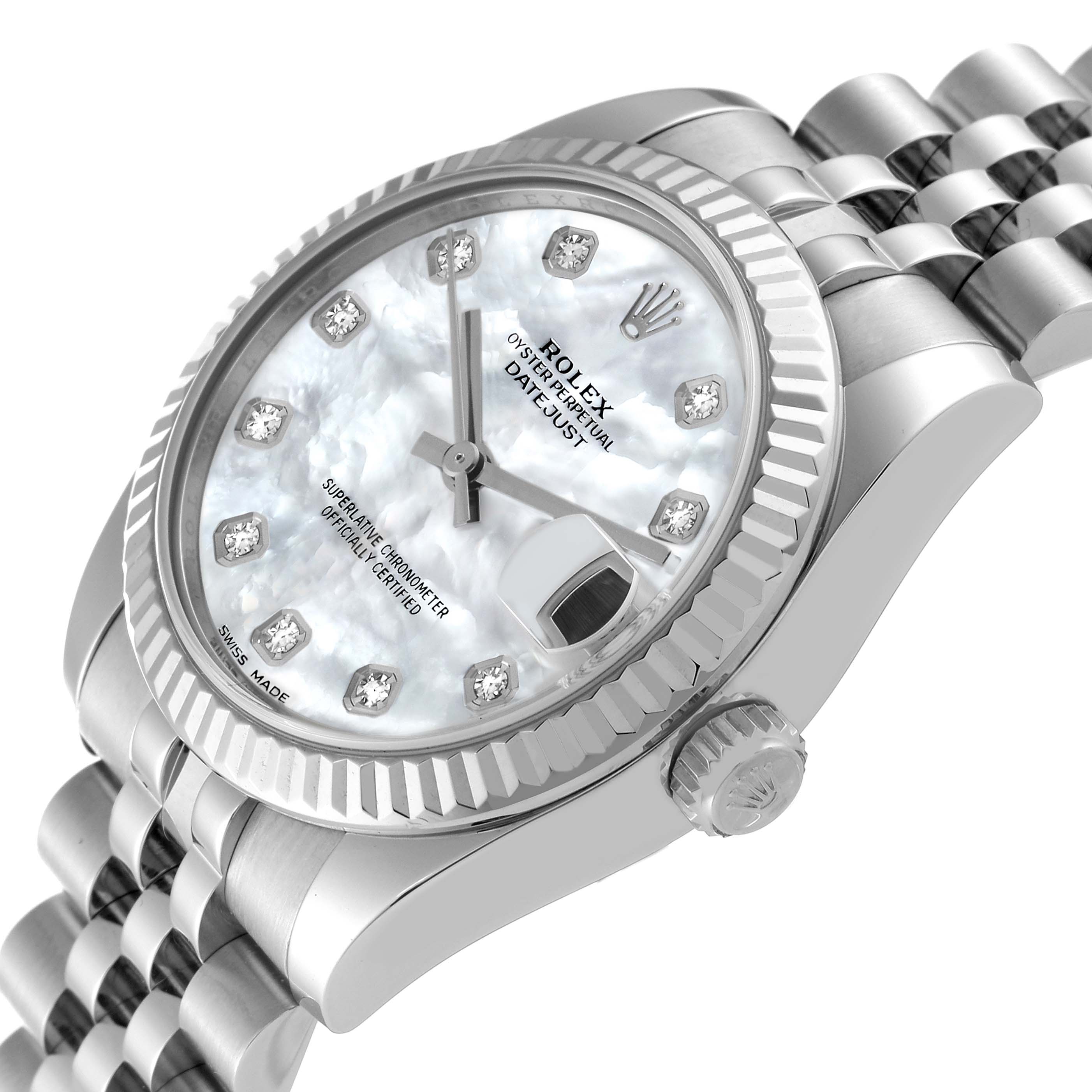 This Rolex Mid-Size 178274 Women
s Stainless Steel Mother of Pearl Dial 178274 Women
s Stainless Steel Mother of Pearl Dial Datejust watch is shown at an angled view highlighting its crown, bezel, dial, and part of the bracelet.