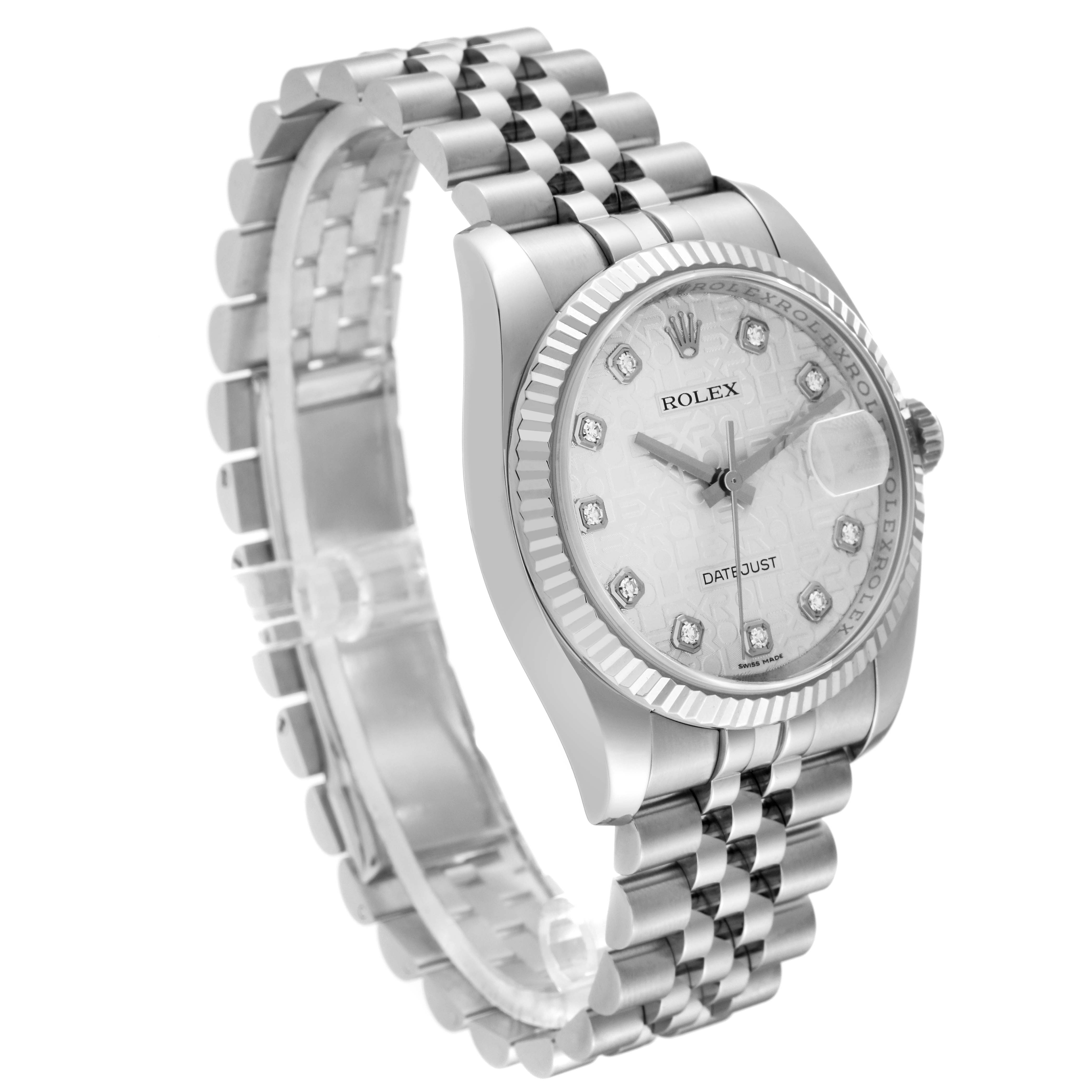 The Rolex Datejust 116234 Men's Stainless Steel Silver Dial 116234 Men's Stainless Steel Silver Dial watch is shown at a 3/4 angle, displaying the face, bezel, and bracelet.
