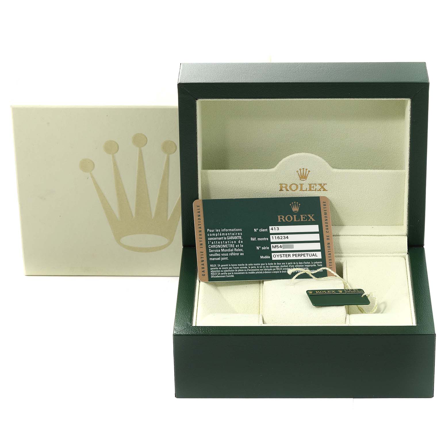 The image shows the box, warranty card, and tags for a Rolex Datejust 116234 Men's Stainless Steel Silver Dial 116234 Men's Stainless Steel Silver Dial watch.