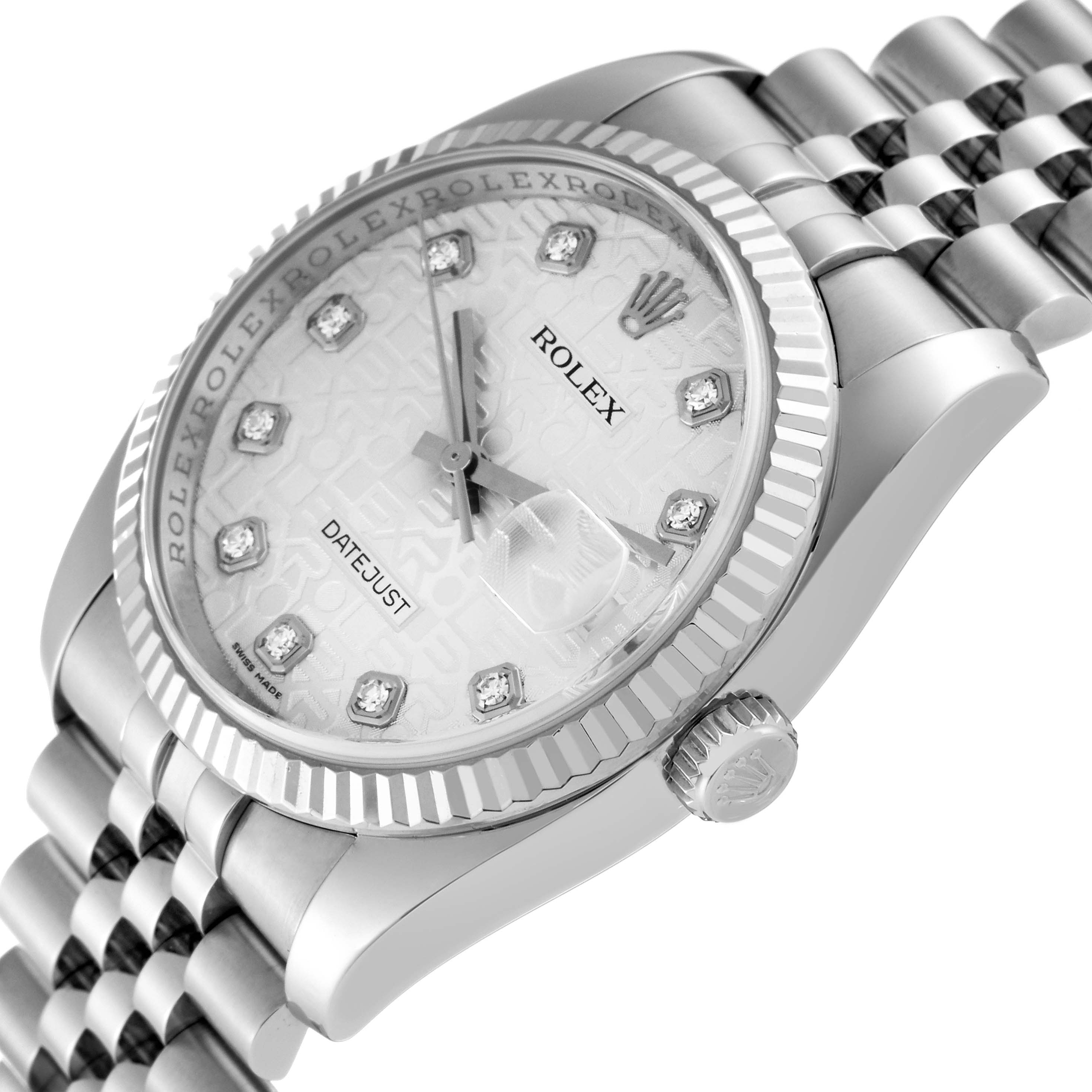 This is a close-up angle of the Rolex Datejust 116234 Men's Stainless Steel Silver Dial 116234 Men's Stainless Steel Silver Dial watch showing the dial, bezel, crown, and part of the bracelet.