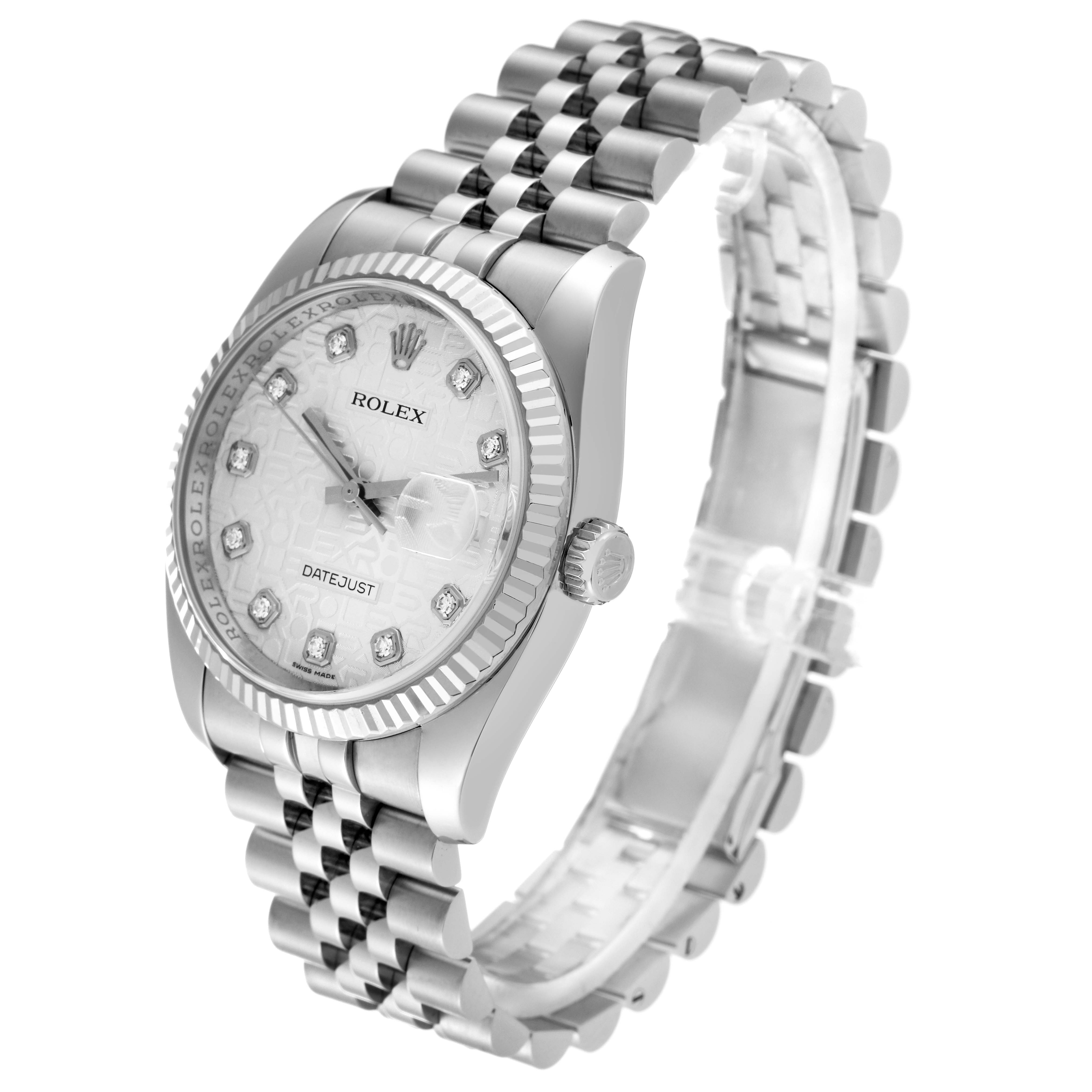 This image shows a Rolex Datejust 116234 Men's Stainless Steel Silver Dial 116234 Men's Stainless Steel Silver Dial watch at a three-quarter angle, displaying the face, bezel, case, crown, and bracelet.