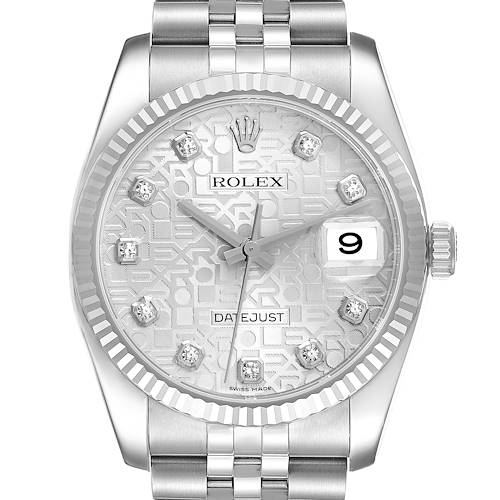 Photo of Rolex Datejust Steel White Gold Silver Anniversary Diamond Dial Mens Watch 116234 Box Card