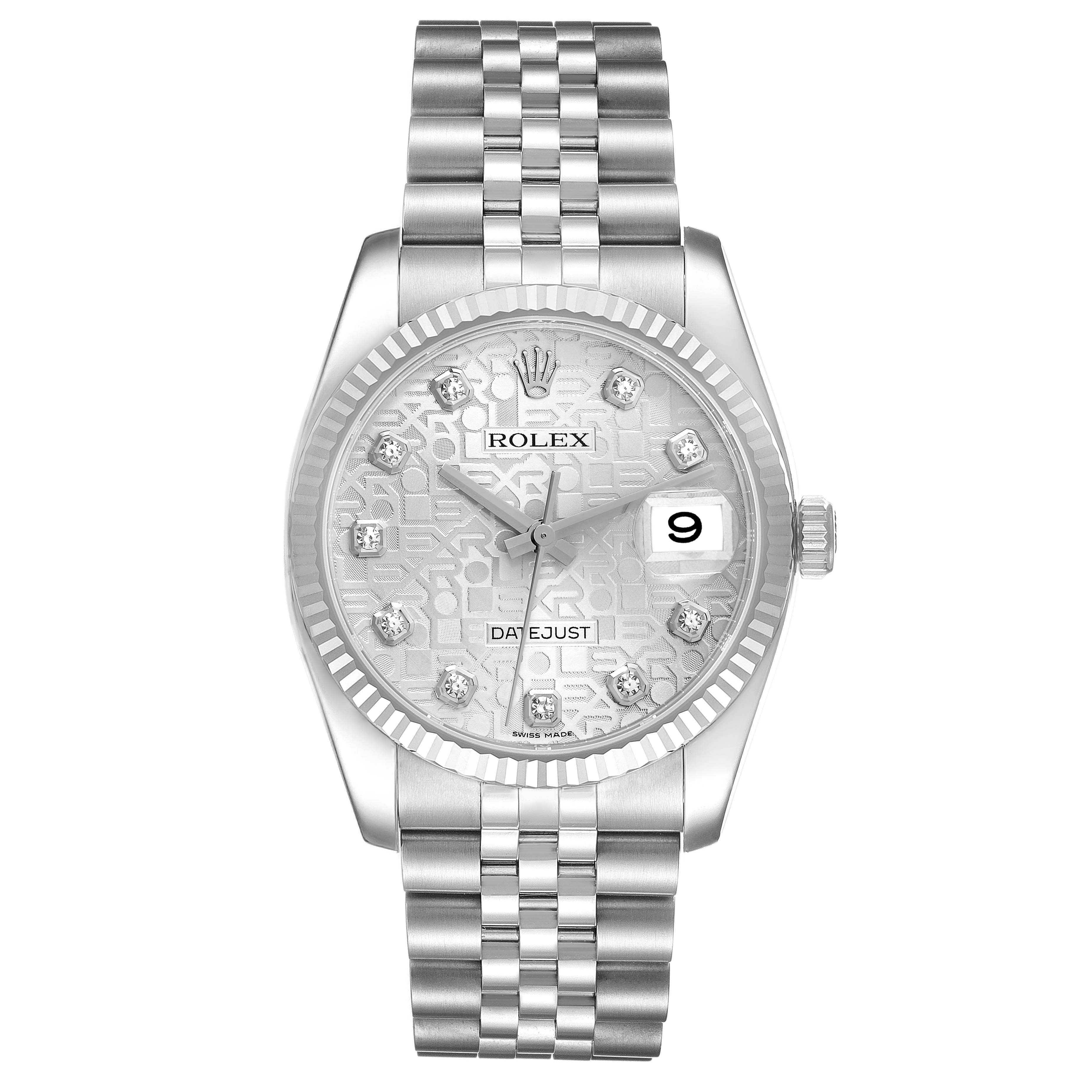 This is a frontal view of the Rolex Datejust 116234 Men's Stainless Steel Silver Dial 116234 Men's Stainless Steel Silver Dial watch, showcasing its dial, bezel, case, and bracelet.