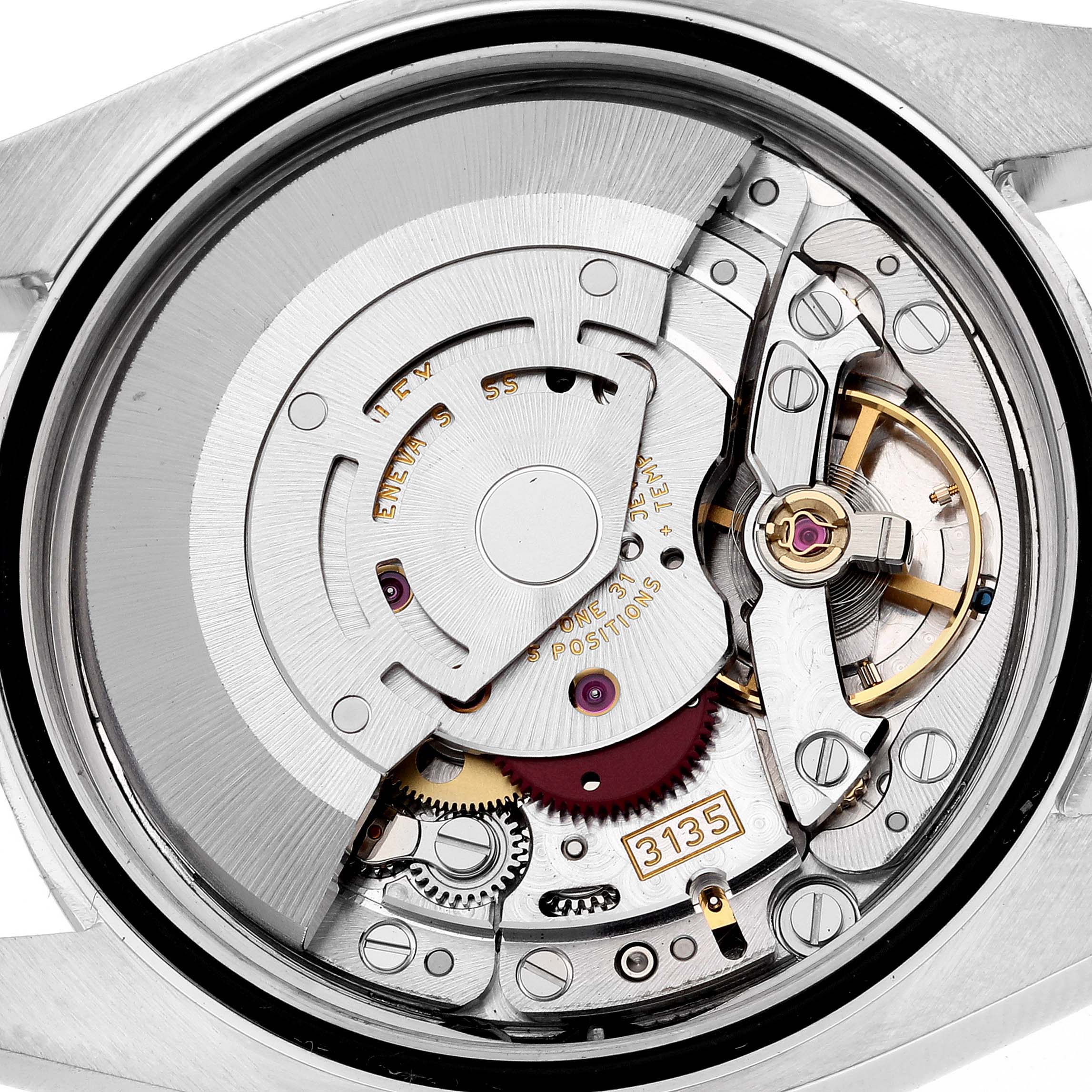 The image shows the internal mechanical movement of a Rolex Datejust 116234 Men's Stainless Steel Silver Dial 116234 Men's Stainless Steel Silver Dial watch from a back view angle.