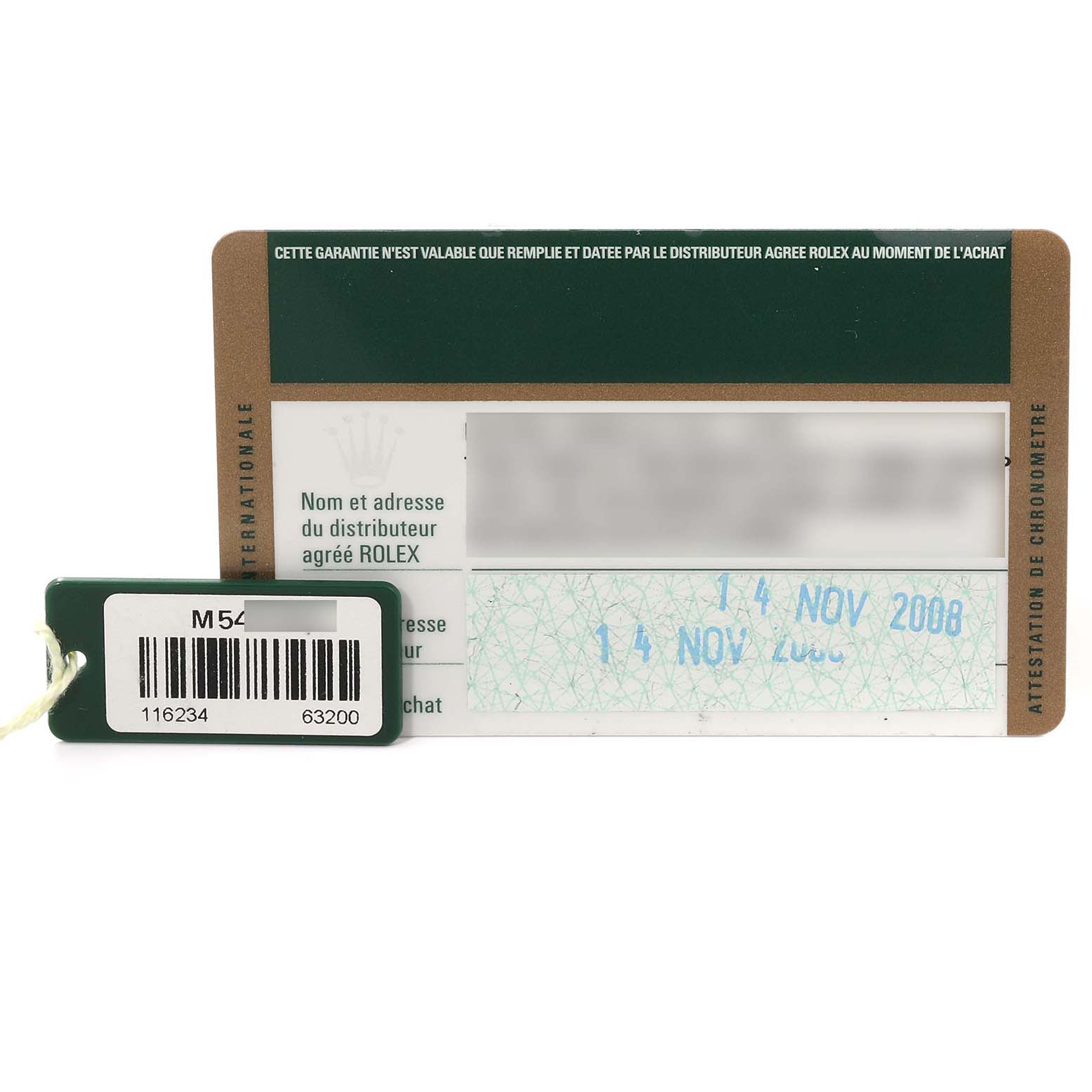 This image shows the warranty card and barcode tag of a Rolex Datejust 116234 Men's Stainless Steel Silver Dial 116234 Men's Stainless Steel Silver Dial watch from a direct front angle.