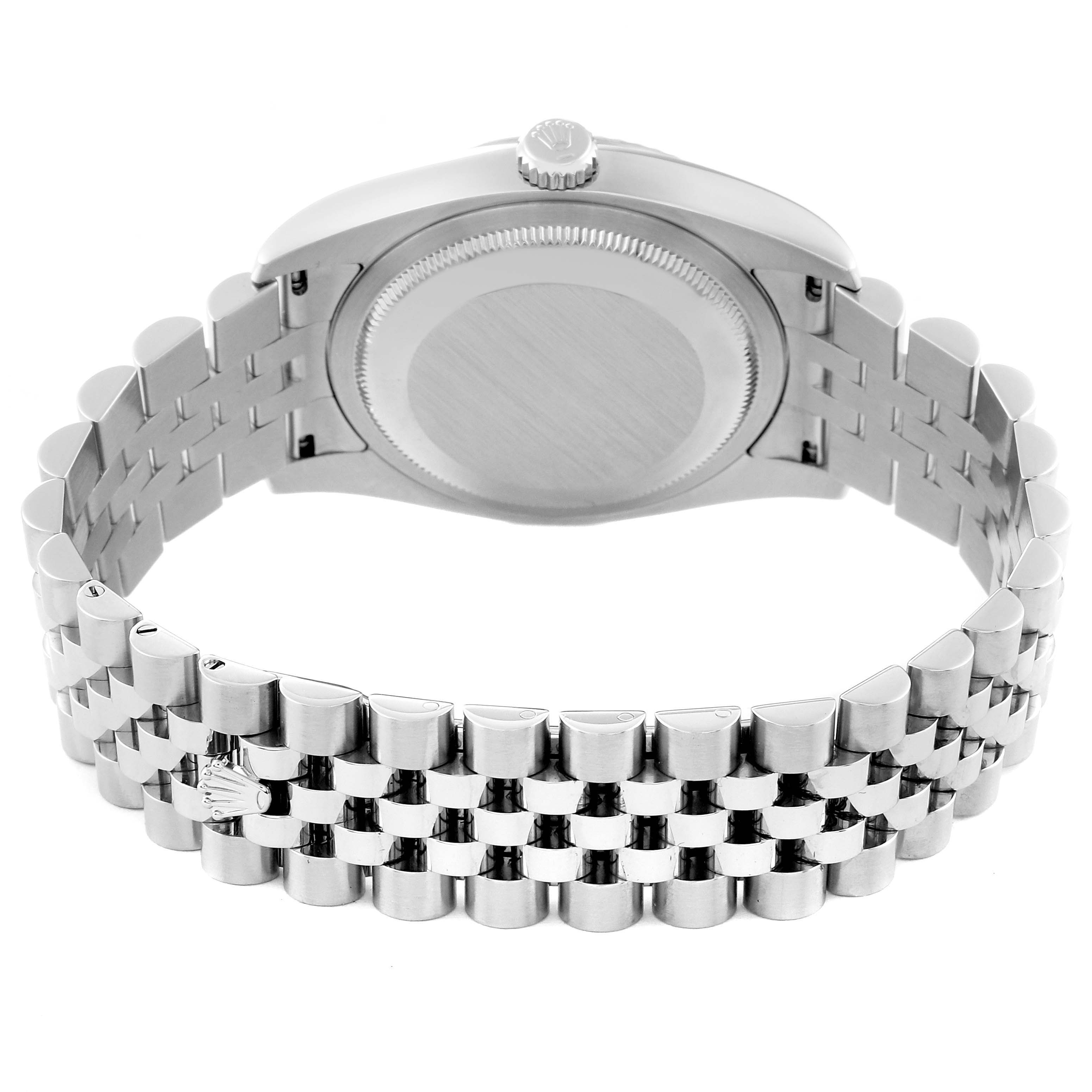 The image shows the back view of a Rolex Datejust 116234 Men's Stainless Steel Silver Dial 116234 Men's Stainless Steel Silver Dial watch, focusing on the case back and Jubilee bracelet.