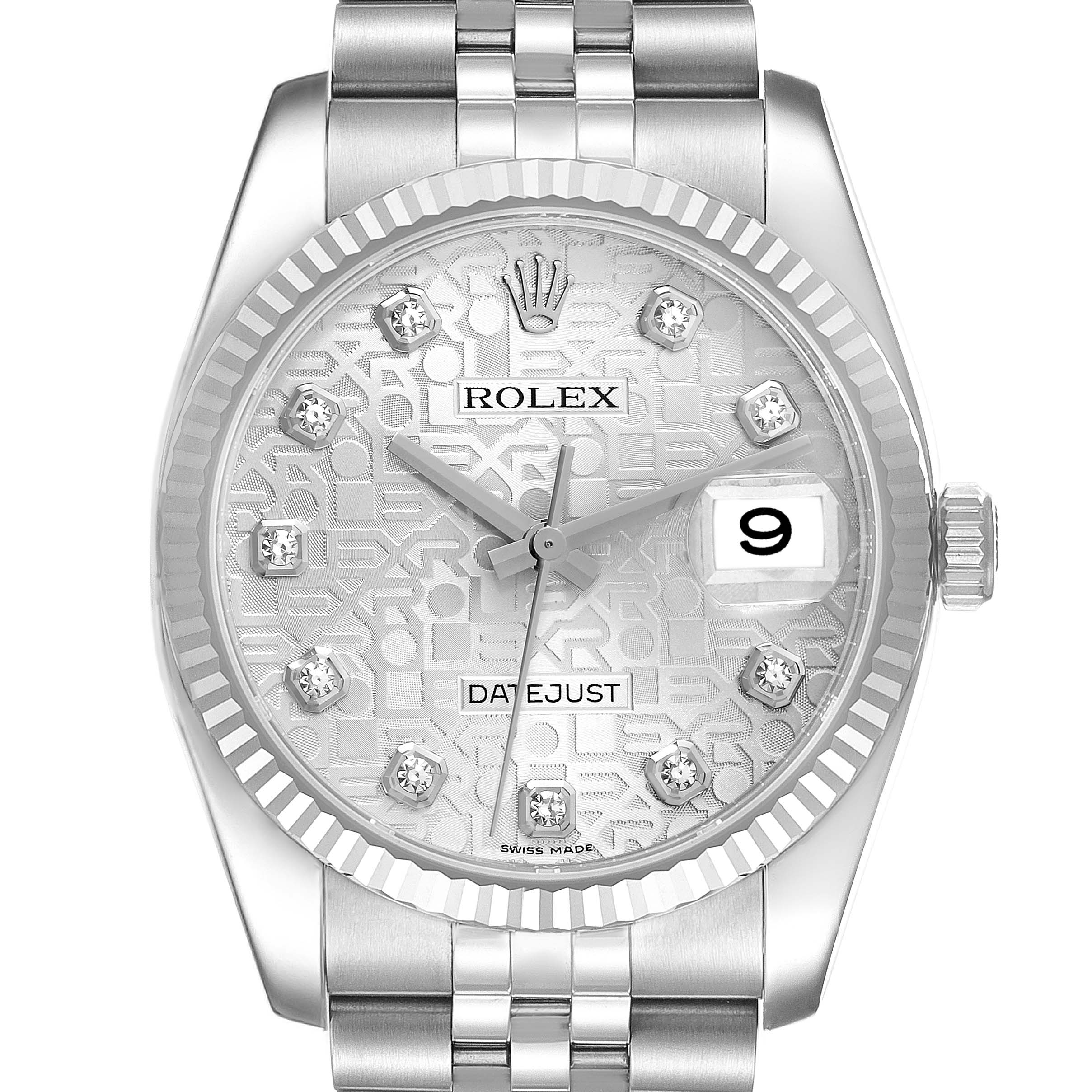The image shows a front view of a Rolex Datejust 116234 Men's Stainless Steel Silver Dial 116234 Men's Stainless Steel Silver Dial watch, highlighting the dial, bezel, bracelet, and date window.