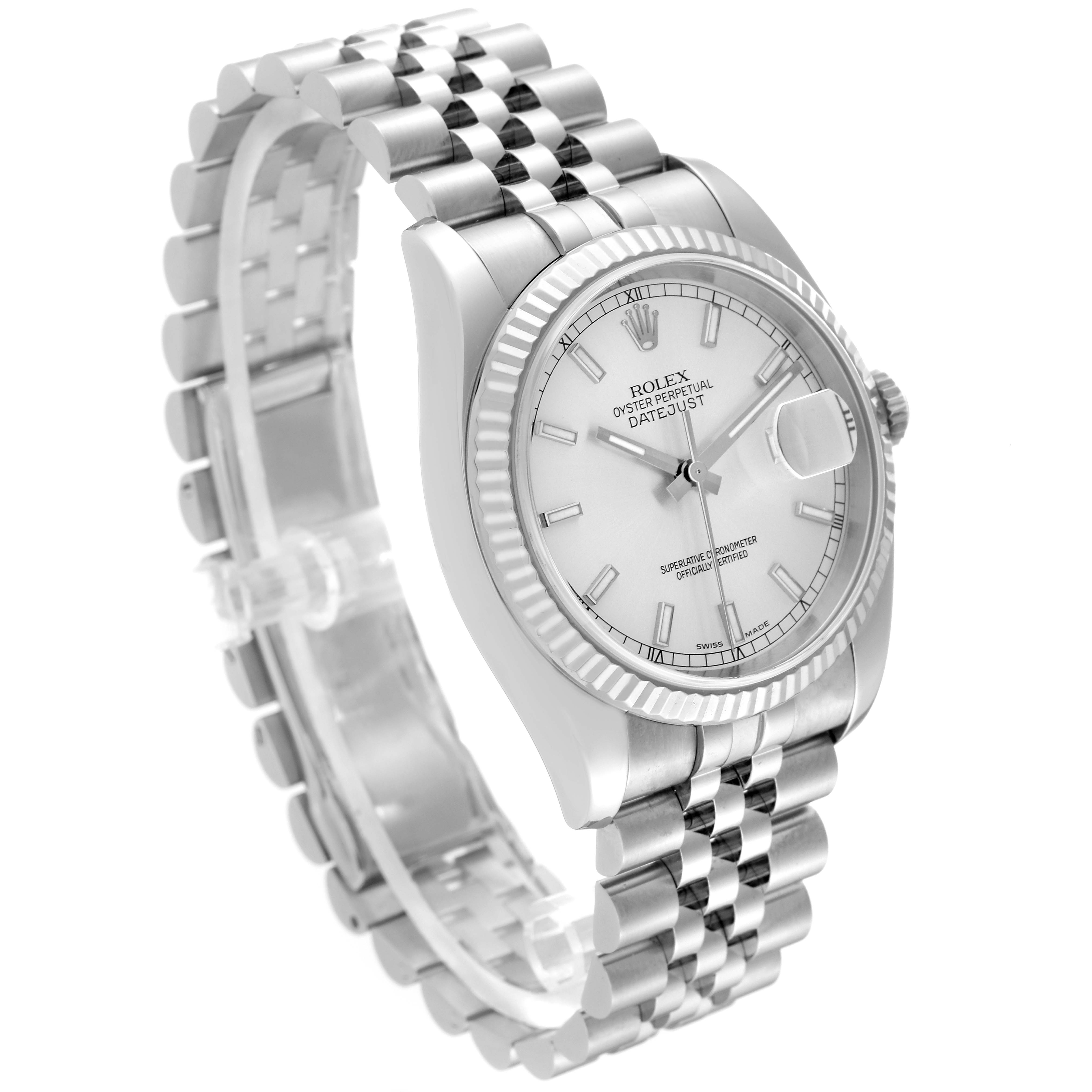 The image shows a side angle view of the Rolex Datejust 116234 Men's Stainless Steel Silver Dial 116234 Men's Stainless Steel Silver Dial watch, displaying its face, bezel, and bracelet.