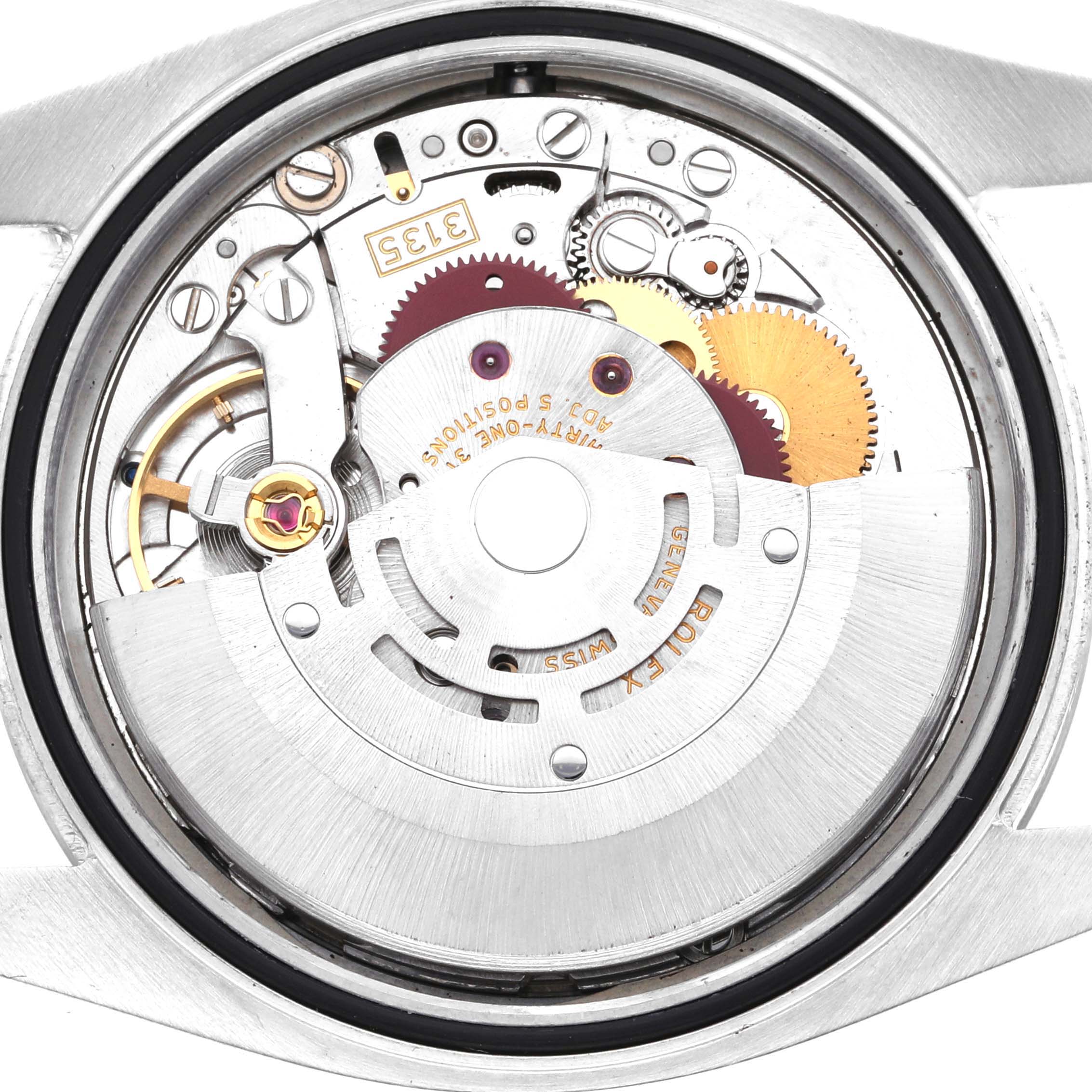 This is a close-up view of the internal mechanism of the Rolex Datejust 116234 Men's Stainless Steel Silver Dial 116234 Men's Stainless Steel Silver Dial watch, showing the movement components.