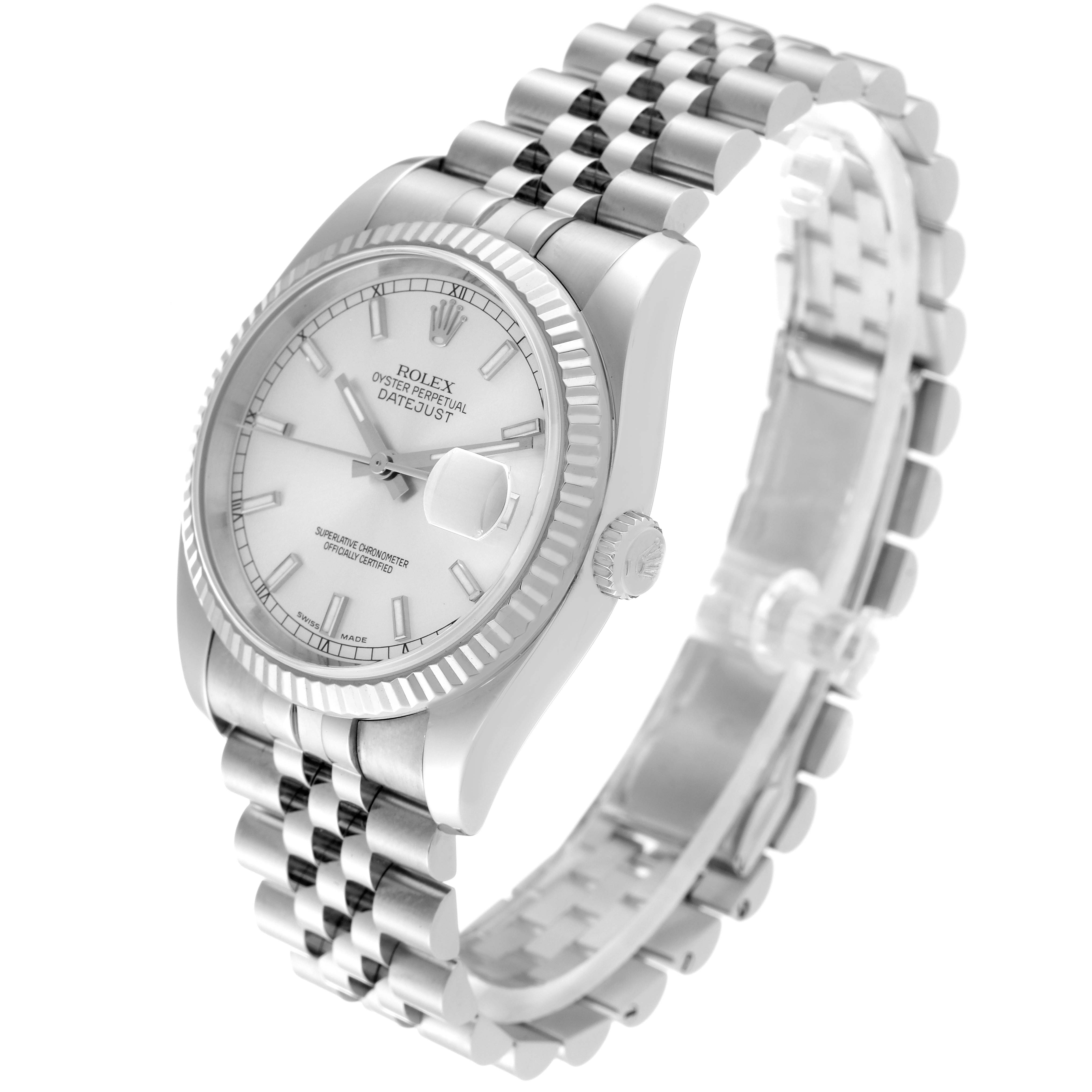 The image shows a Rolex Datejust 116234 Men's Stainless Steel Silver Dial 116234 Men's Stainless Steel Silver Dial watch at a 3/4 angle, displaying the face, bezel, crown, and part of the bracelet.