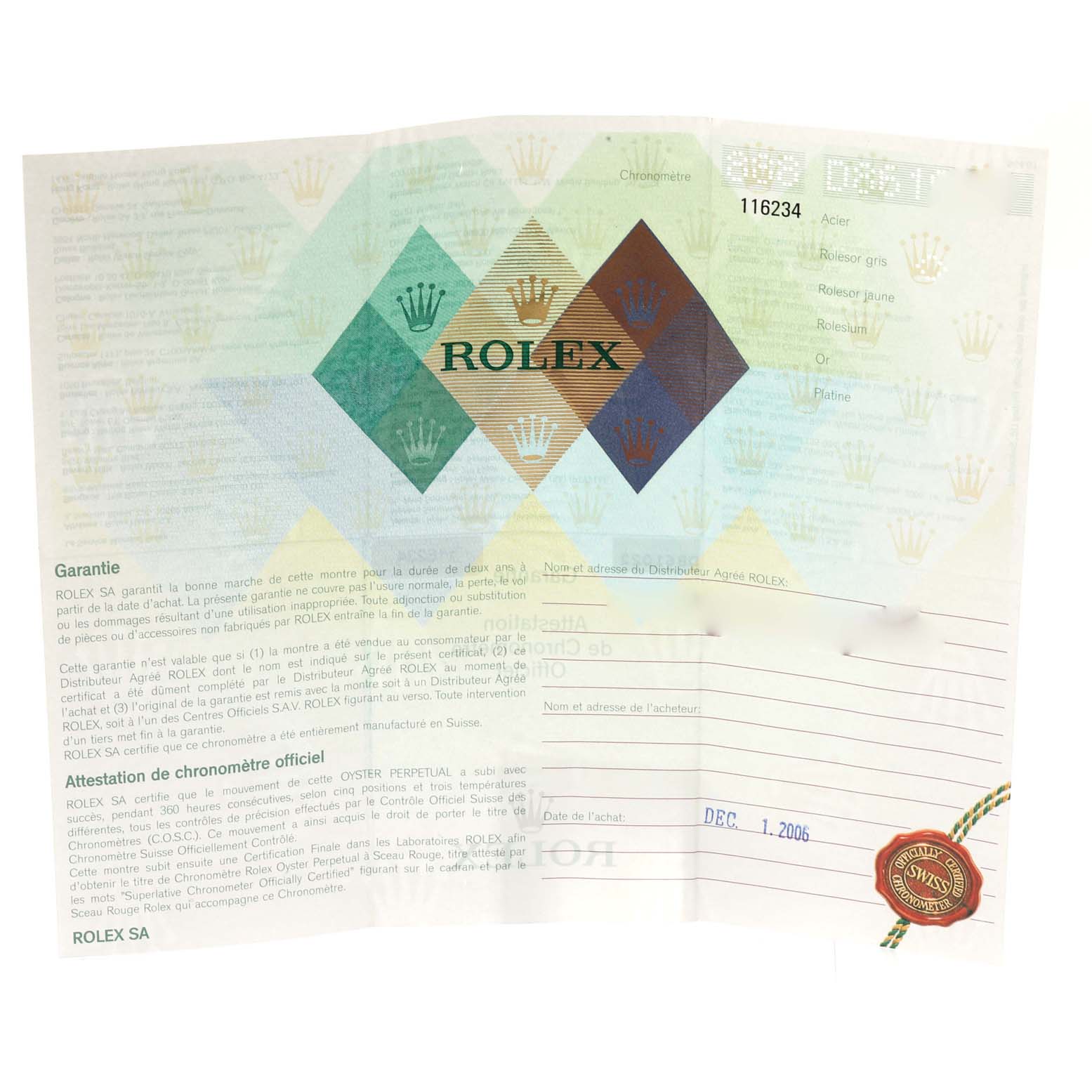 The image shows the Rolex Datejust 116234 Men's Stainless Steel Silver Dial 116234 Men's Stainless Steel Silver Dial model's warranty and certification paper.