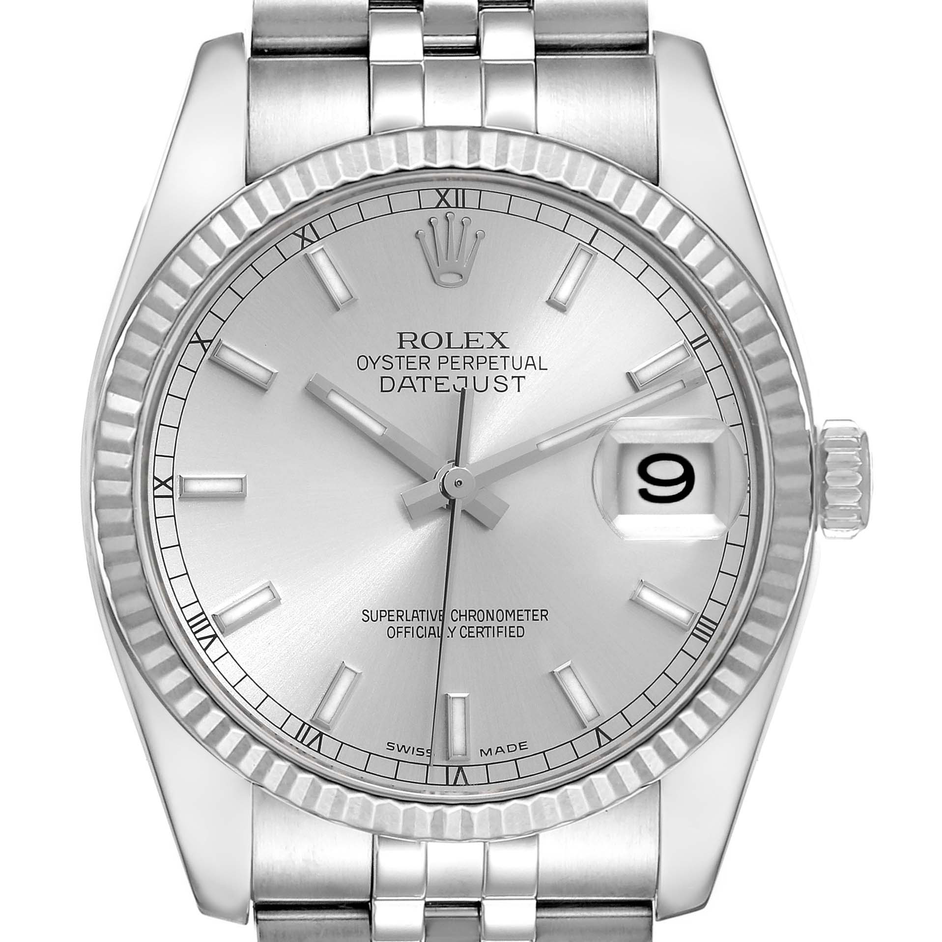 This is a close-up of the Rolex Datejust 116234 Men's Stainless Steel Silver Dial 116234 Men's Stainless Steel Silver Dial watch showing the face, bezel, hands, dial, date window, and part of the bracelet.