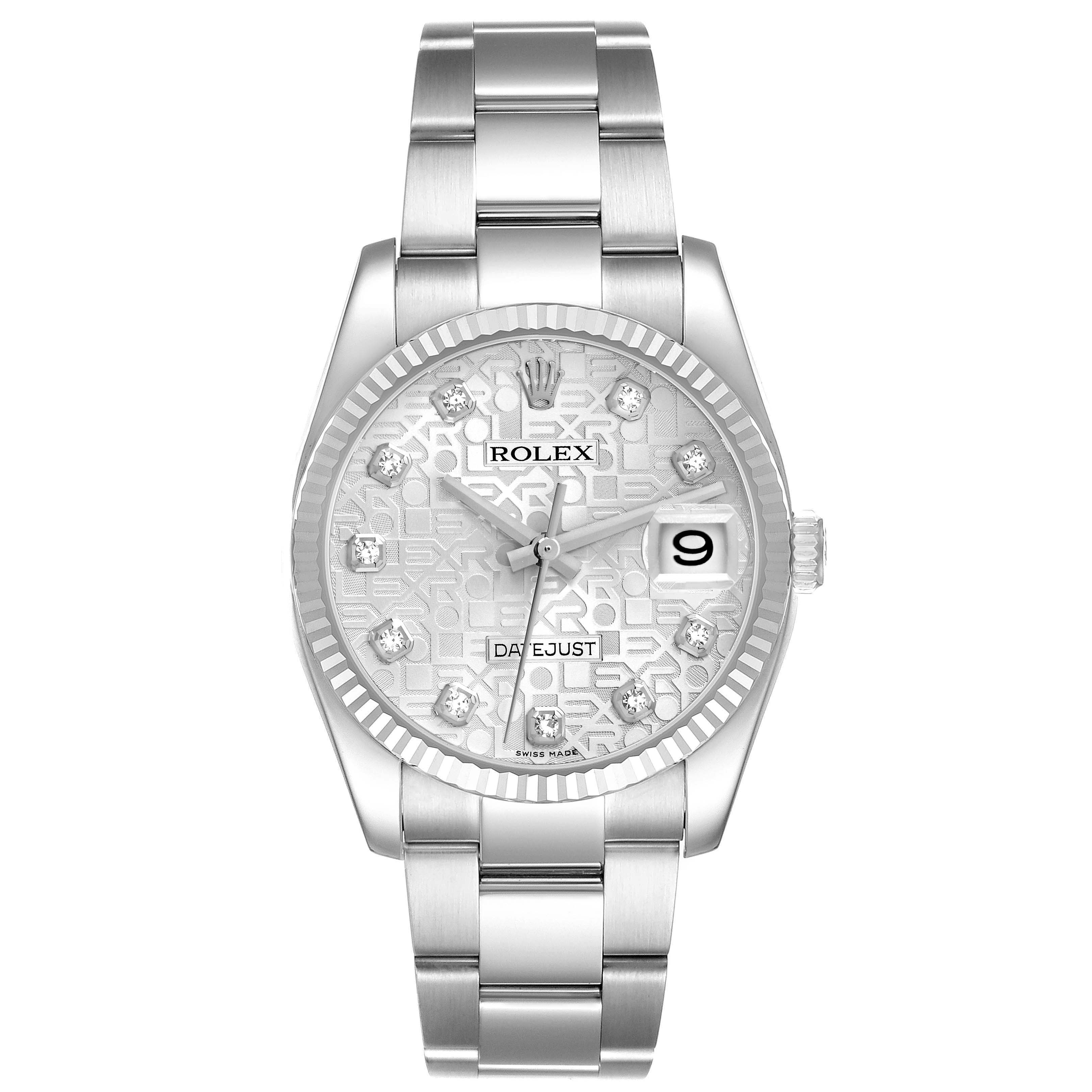 The Rolex Datejust 116234 Men's Stainless Steel Silver Dial 116234 Men's Stainless Steel Silver Dial watch is shown from the front, displaying the dial, bracelet, and date window.
