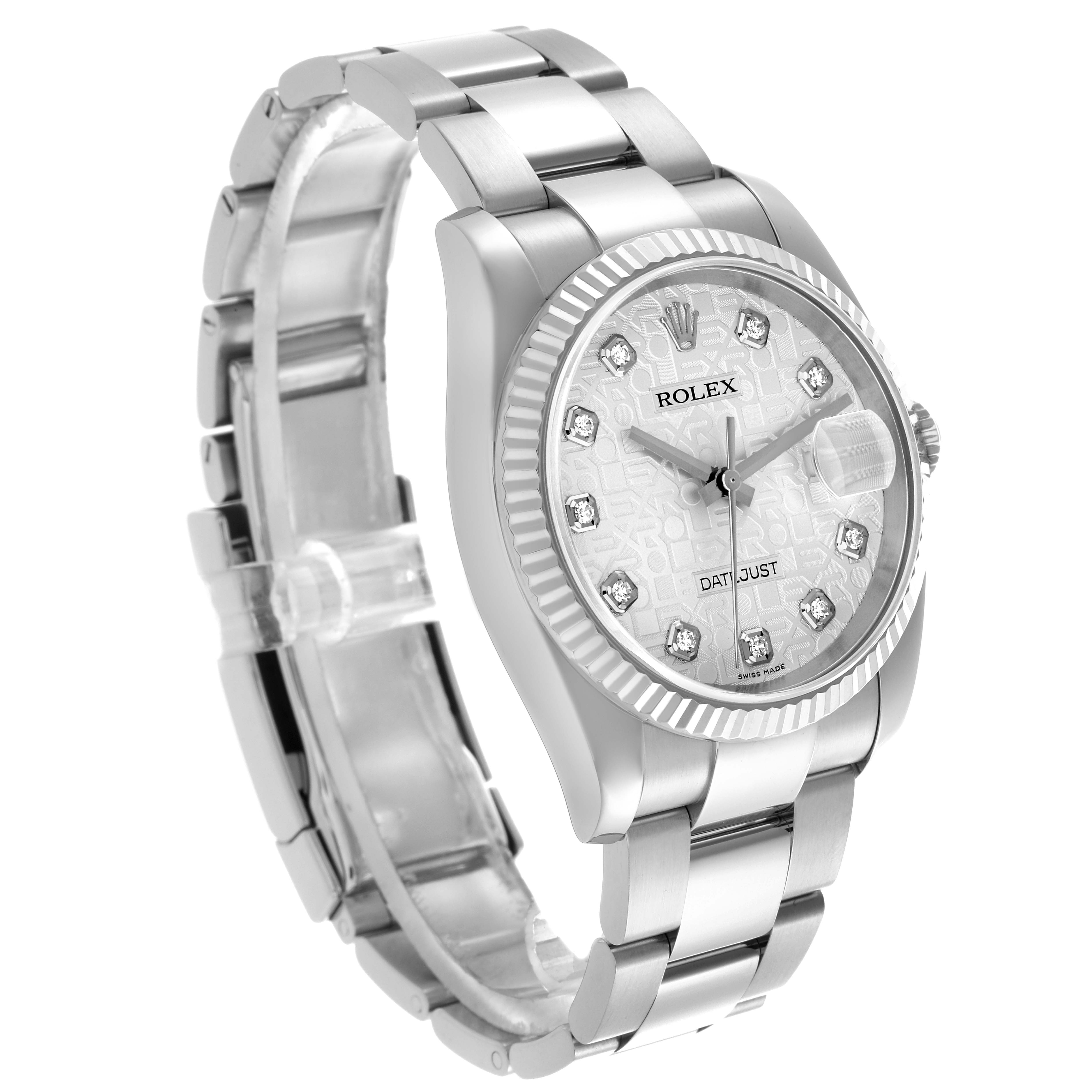 The Rolex Datejust 116234 Men's Stainless Steel Silver Dial 116234 Men's Stainless Steel Silver Dial watch is shown at a three-quarter angle, highlighting the face, bezel, and bracelet.