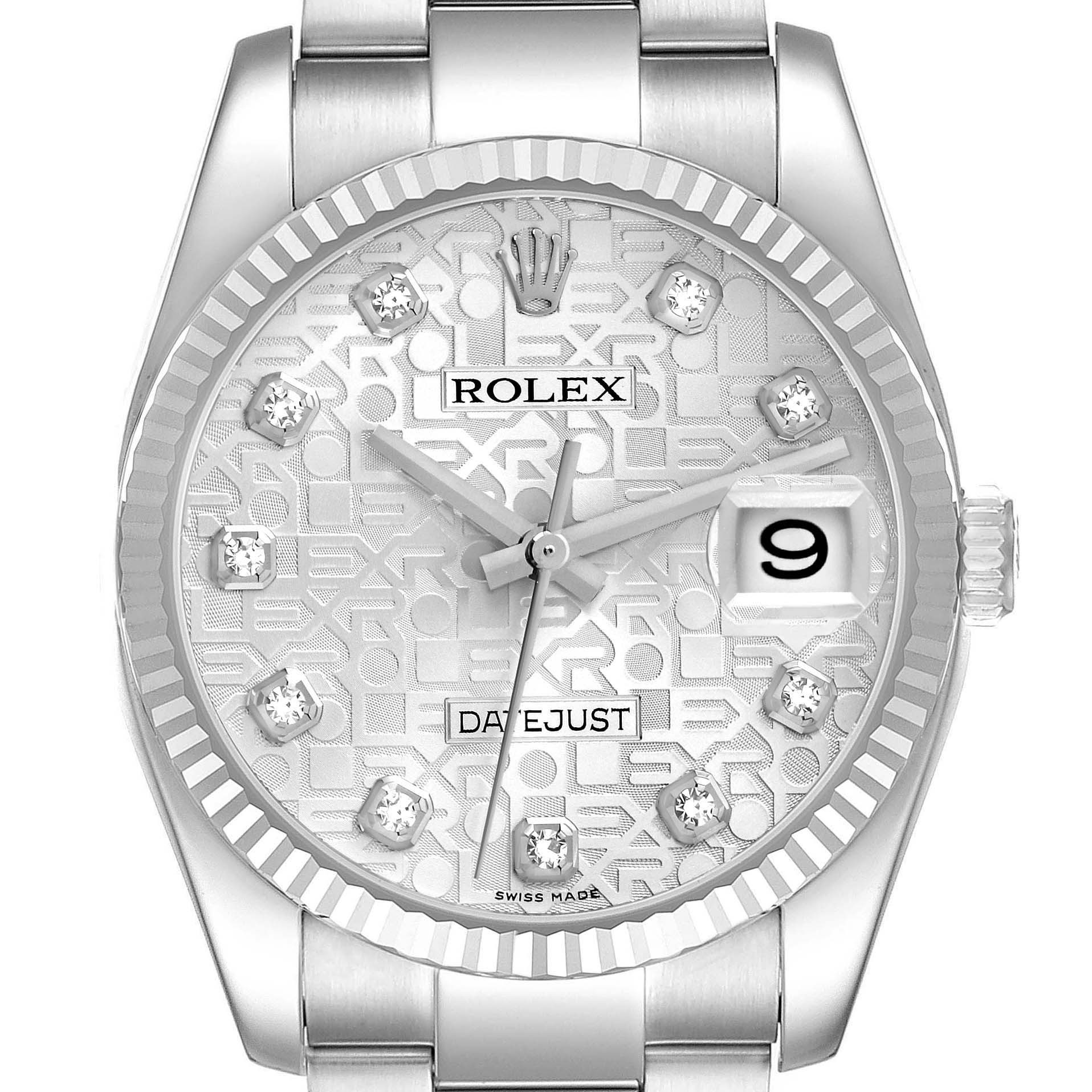 The Rolex Datejust 116234 Men's Stainless Steel Silver Dial 116234 Men's Stainless Steel Silver Dial is shown from the front, highlighting the dial, fluted bezel, date window, and diamond hour markers.