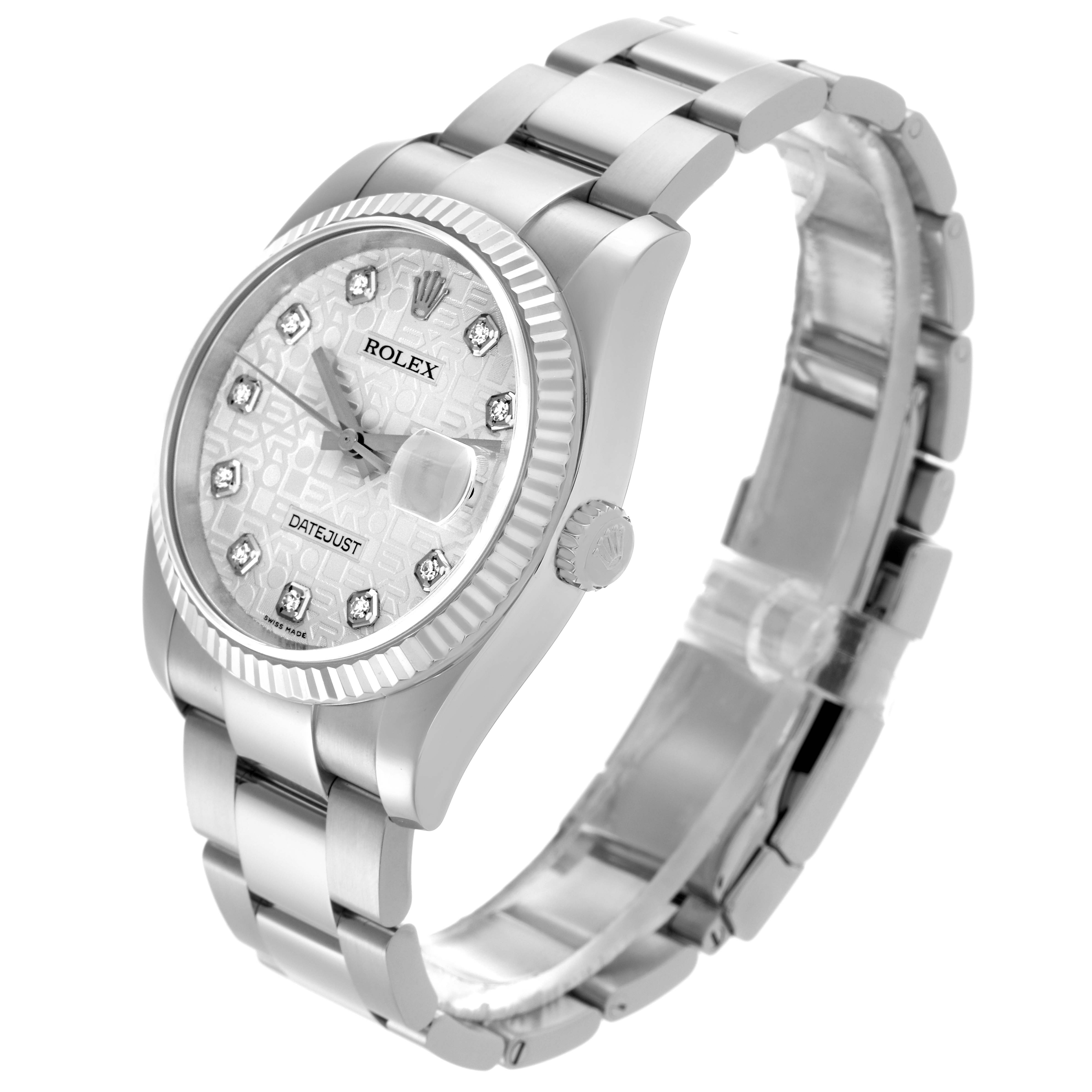 The Rolex Datejust 116234 Men's Stainless Steel Silver Dial 116234 Men's Stainless Steel Silver Dial watch is shown at an angle highlighting the face, bezel, crown, and bracelet from a three-quarter top perspective.