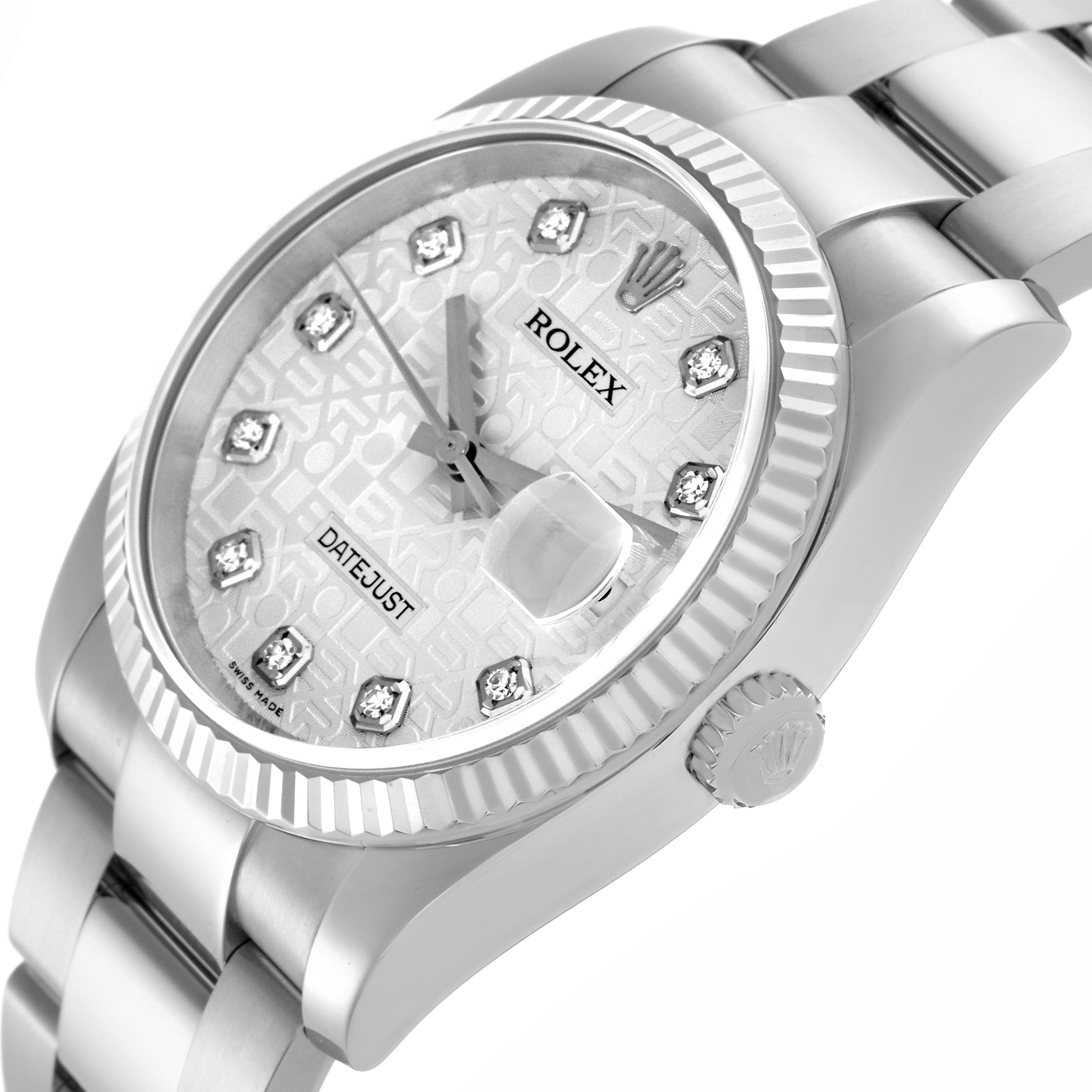 The Rolex Datejust 116234 Men's Stainless Steel Silver Dial 116234 Men's Stainless Steel Silver Dial watch is shown at an angled view, highlighting the dial, bezel, bracelet, and crown.