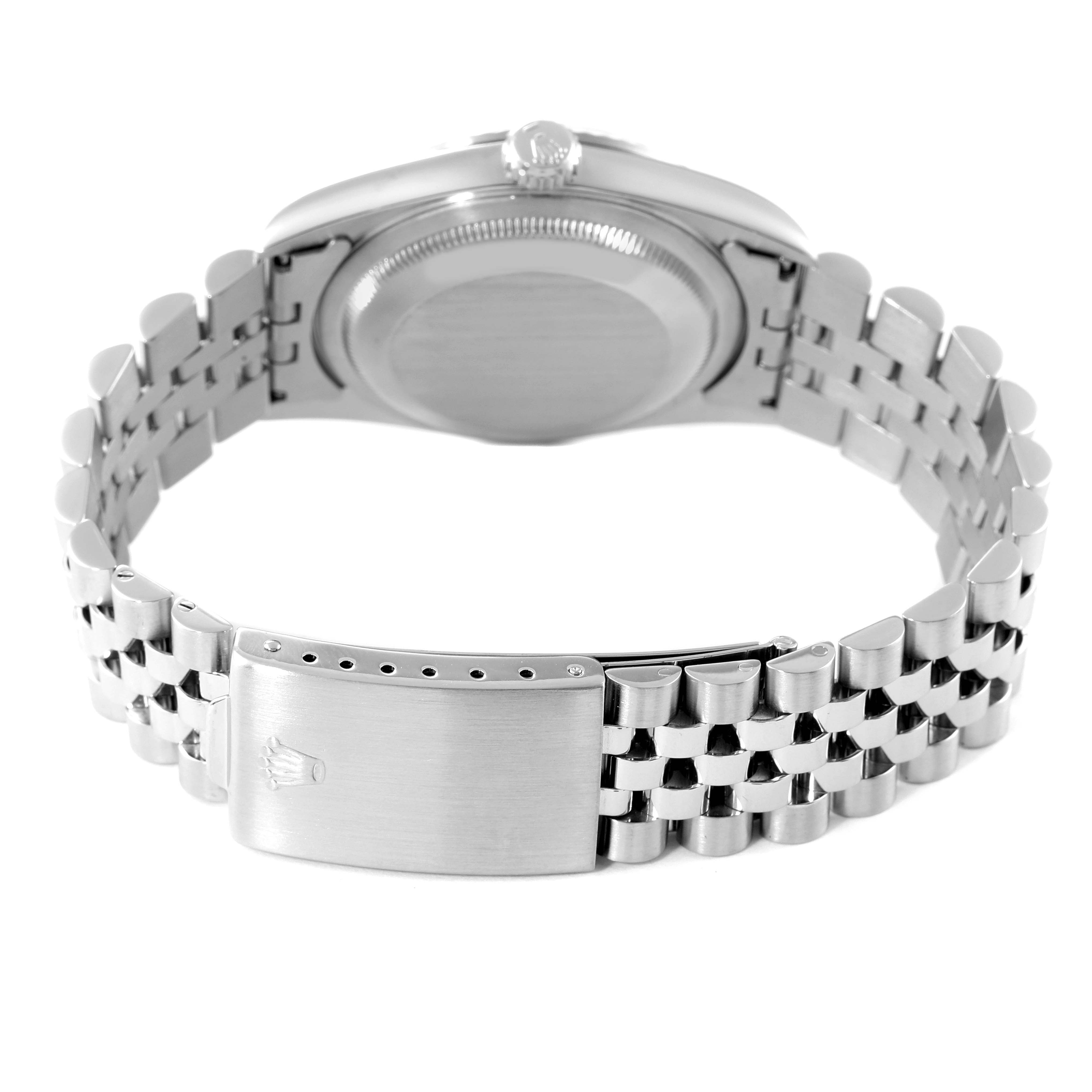 The image shows the back view of a Rolex Datejust 16234 Men's Stainless Steel Silver Dial 16234 Men's Stainless Steel Silver Dial, highlighting the case back, crown, and Jubilee bracelet with clasp.
