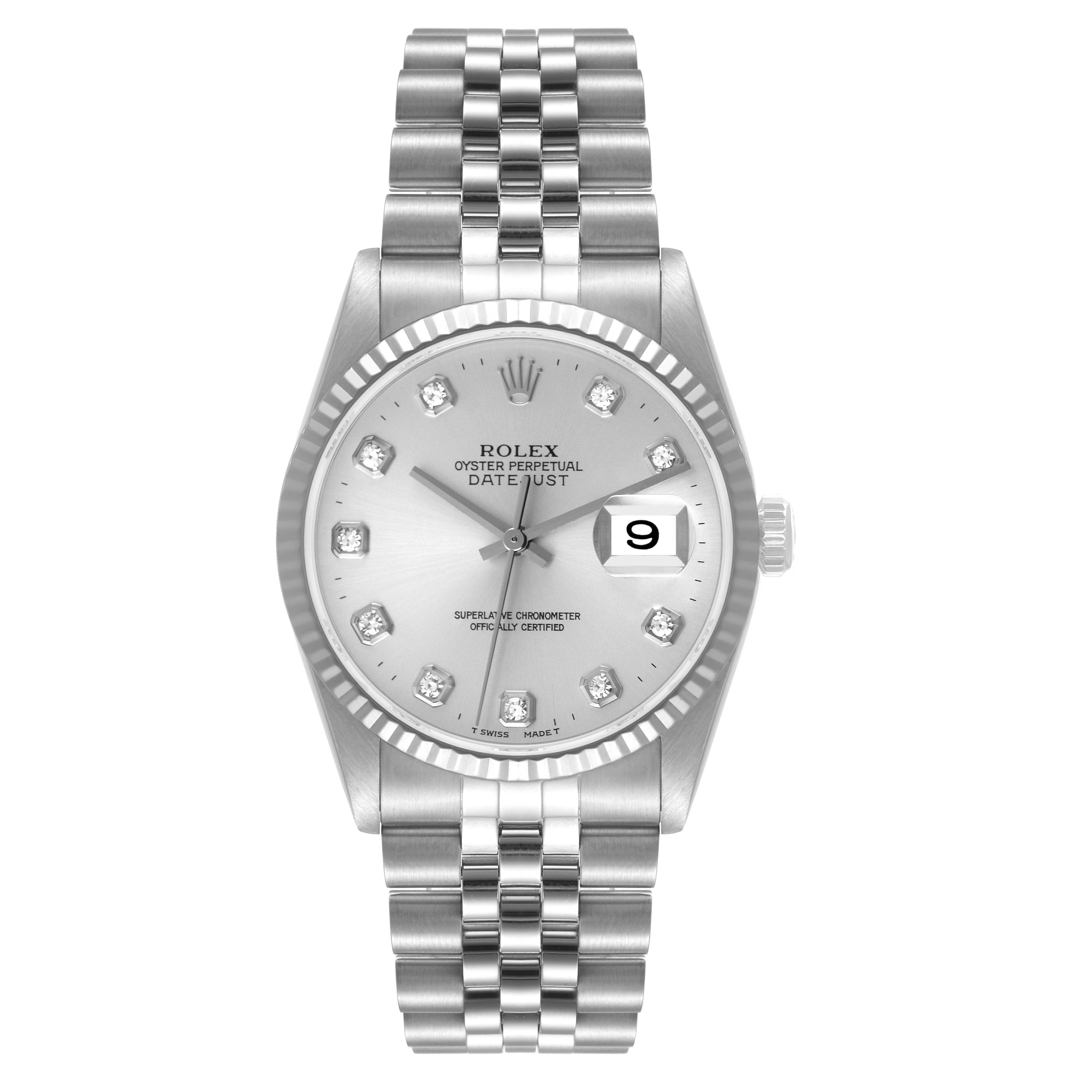 The Rolex Datejust 16234 Men's Stainless Steel Silver Dial 16234 Men's Stainless Steel Silver Dial watch is shown from a front view, highlighting its dial, hands, bracelet, and date window.