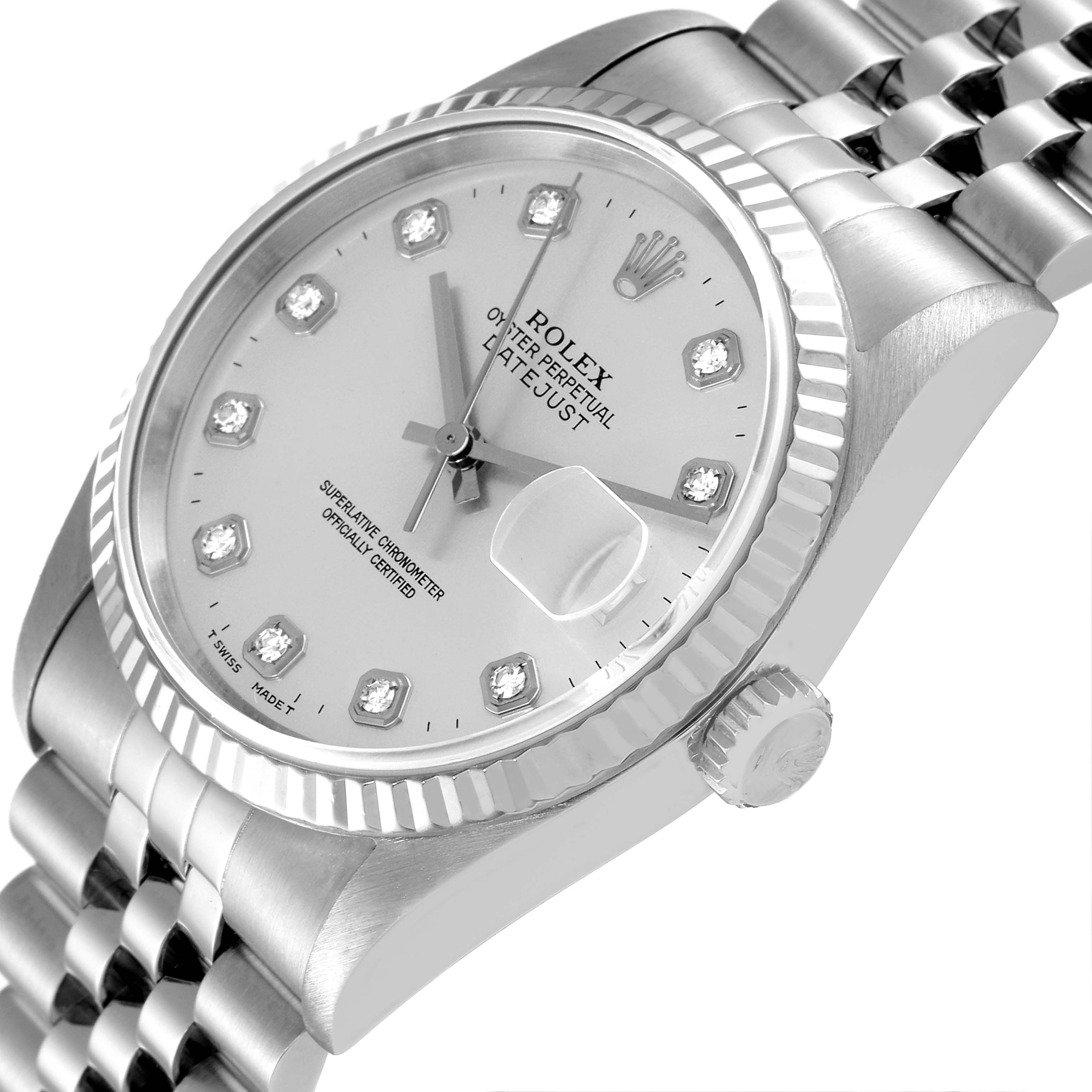 The Rolex Datejust 16234 Men's Stainless Steel Silver Dial 16234 Men's Stainless Steel Silver Dial watch is shown at an angle highlighting its face, bezel, crown, and part of the bracelet.