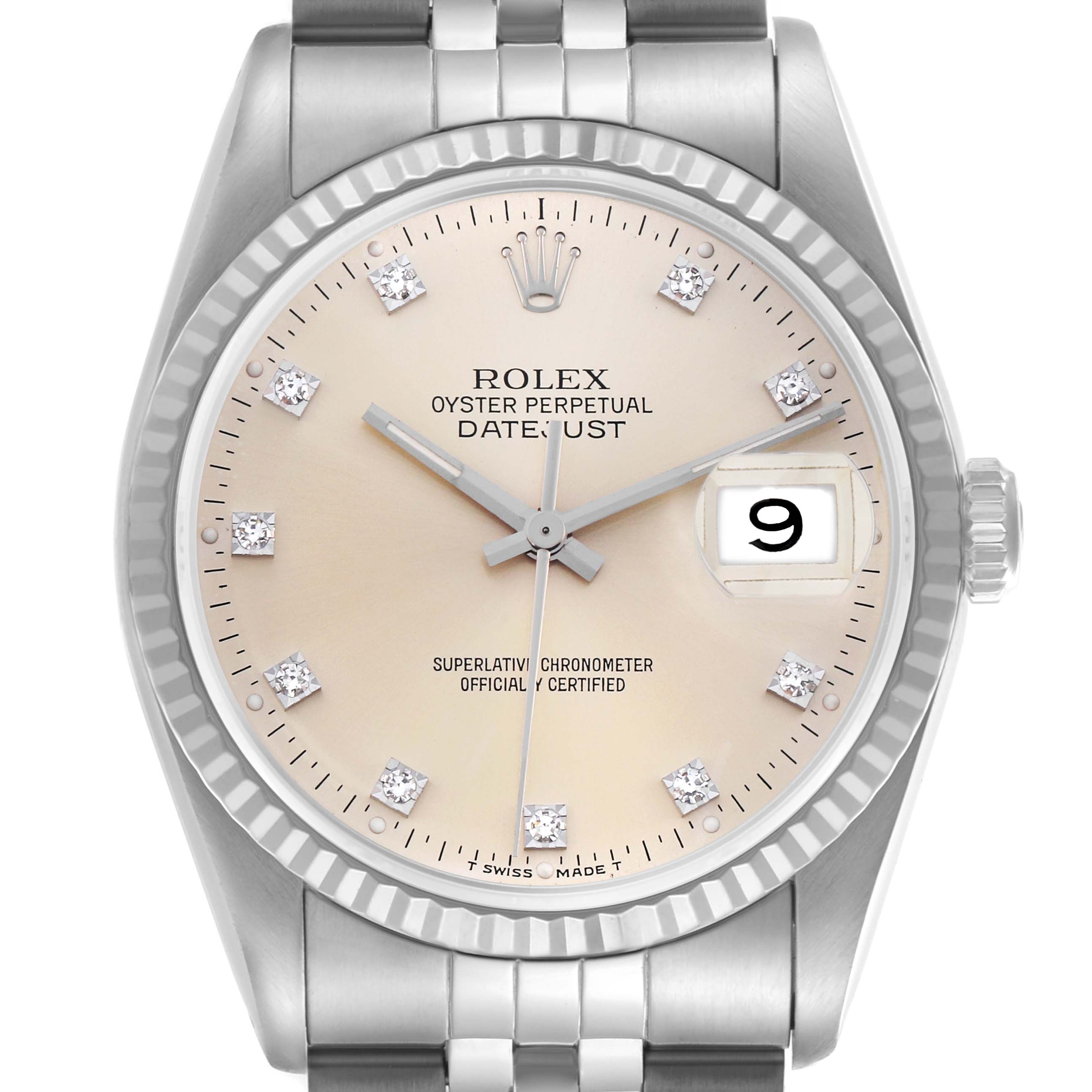 The Rolex Datejust 16234 Men's Stainless Steel Silver Dial 16234 Men's Stainless Steel Silver Dial watch is shown from a front angle, displaying the dial, bezel, and a partial view of the bracelet.