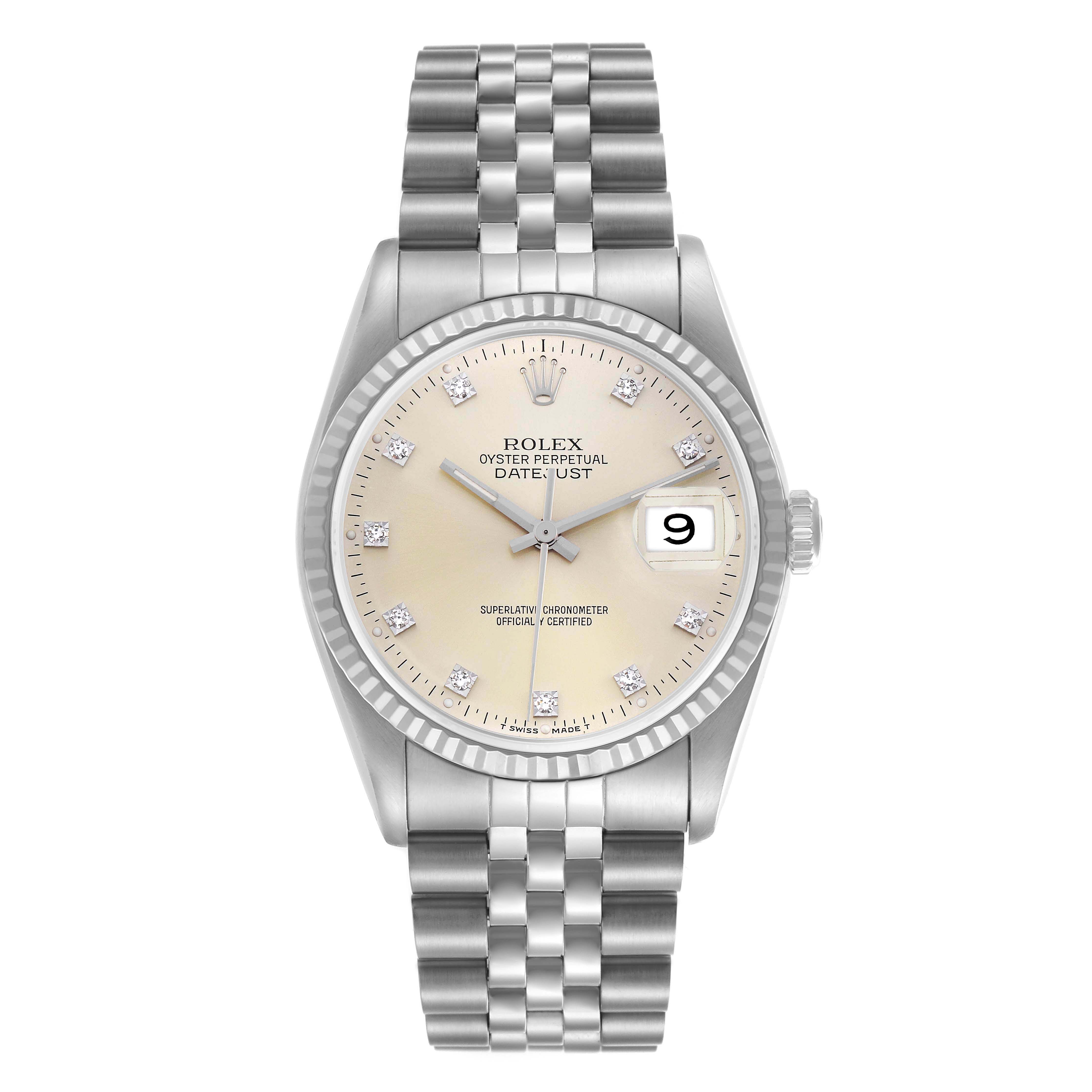 The Rolex Datejust 16234 Men's Stainless Steel Silver Dial 16234 Men's Stainless Steel Silver Dial watch is shown from a front angle, displaying the dial, date window, bezel, and bracelet.