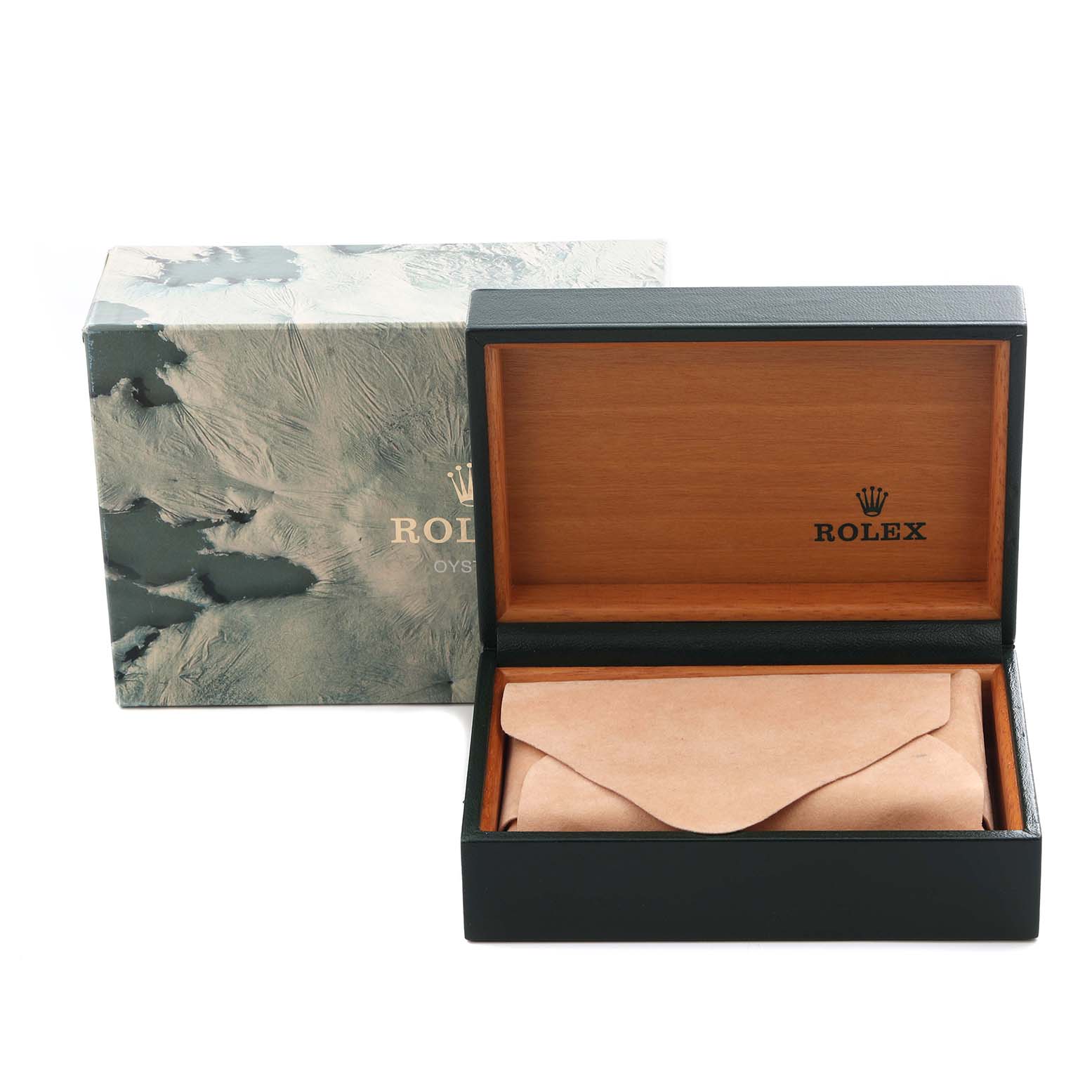 The image shows a Rolex Datejust 16234 Men's Stainless Steel Silver Dial 16234 Men's Stainless Steel Silver Dial watch box and packaging, with an open wooden interior and a covered pouch inside.