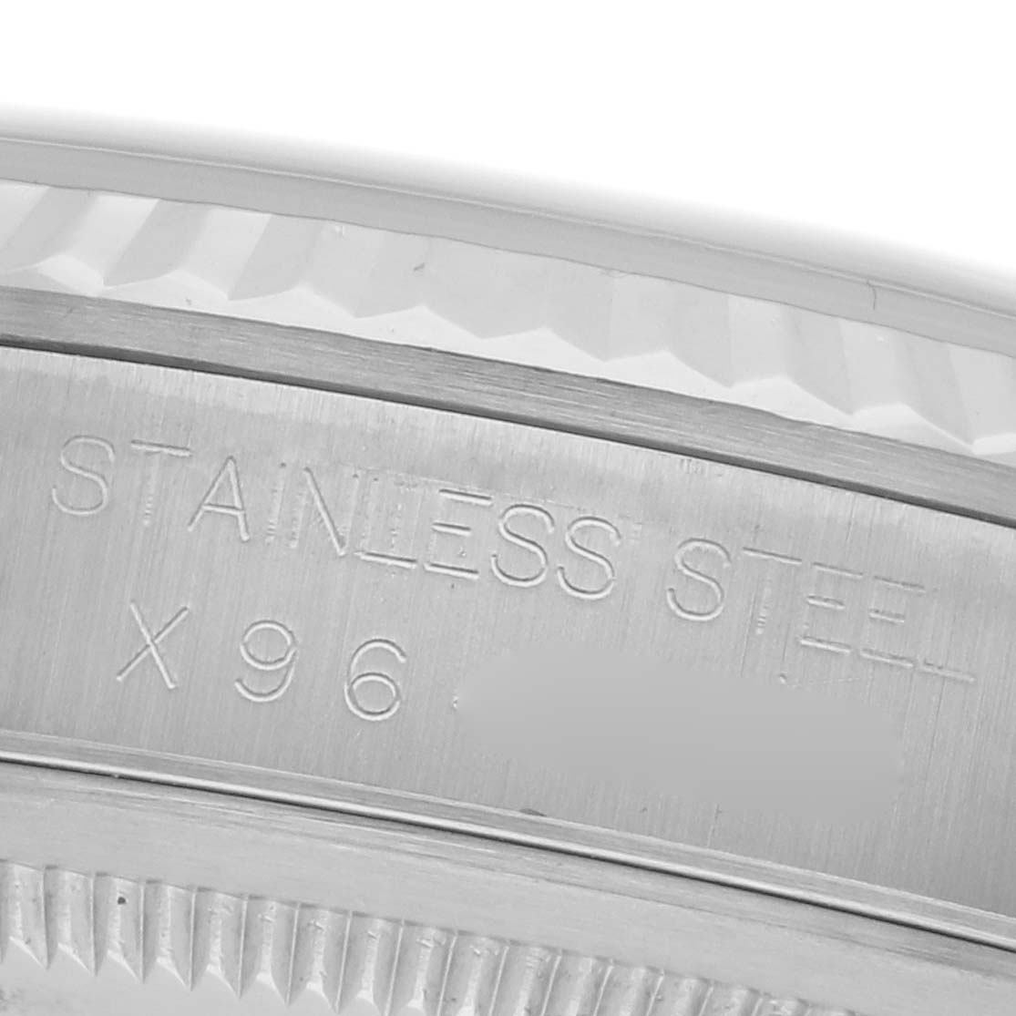 The image shows a close-up of the case side of a Rolex Datejust 16234 Men's Stainless Steel Silver Dial 16234 Men's Stainless Steel Silver Dial watch, focusing on the engraved text "STAINLESS STEEL."