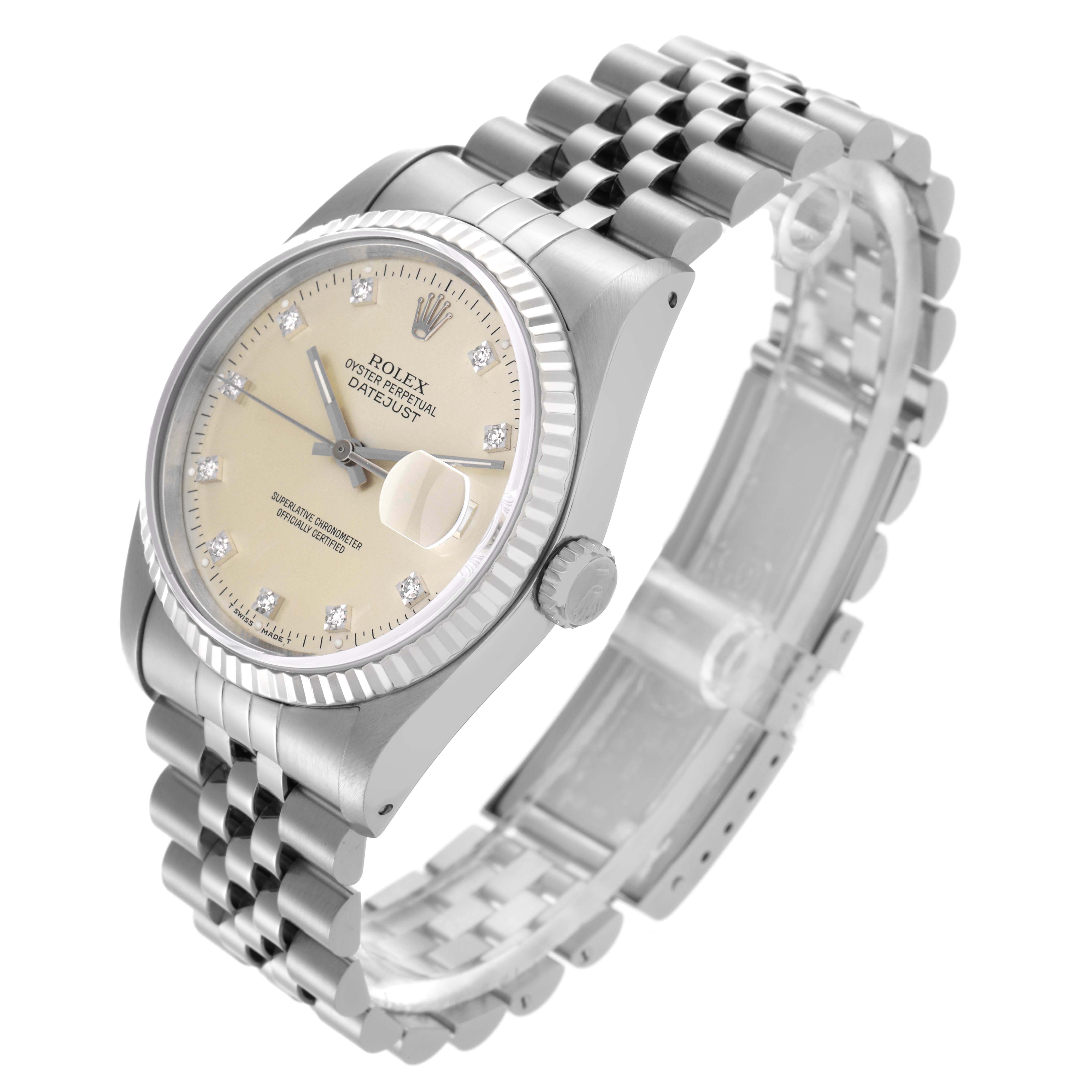 The Rolex Datejust 16234 Men's Stainless Steel Silver Dial 16234 Men's Stainless Steel Silver Dial watch is shown at a tilted angle highlighting the dial, bezel, crown, and jubilee bracelet.