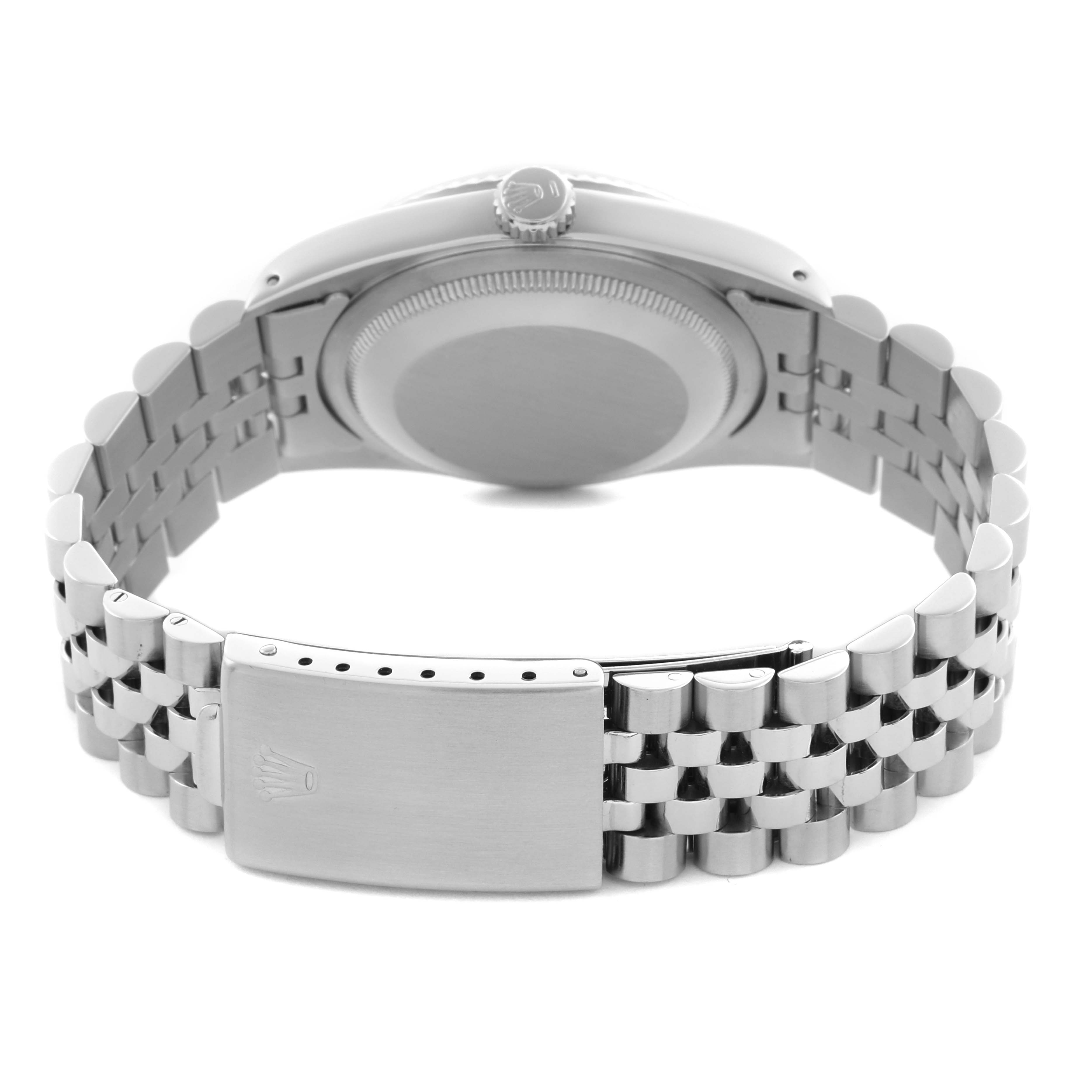 The image shows the back of the Rolex Datejust 16234 Men's Stainless Steel Silver Dial 16234 Men's Stainless Steel Silver Dial watch, showcasing the bracelet, clasp, and case back.