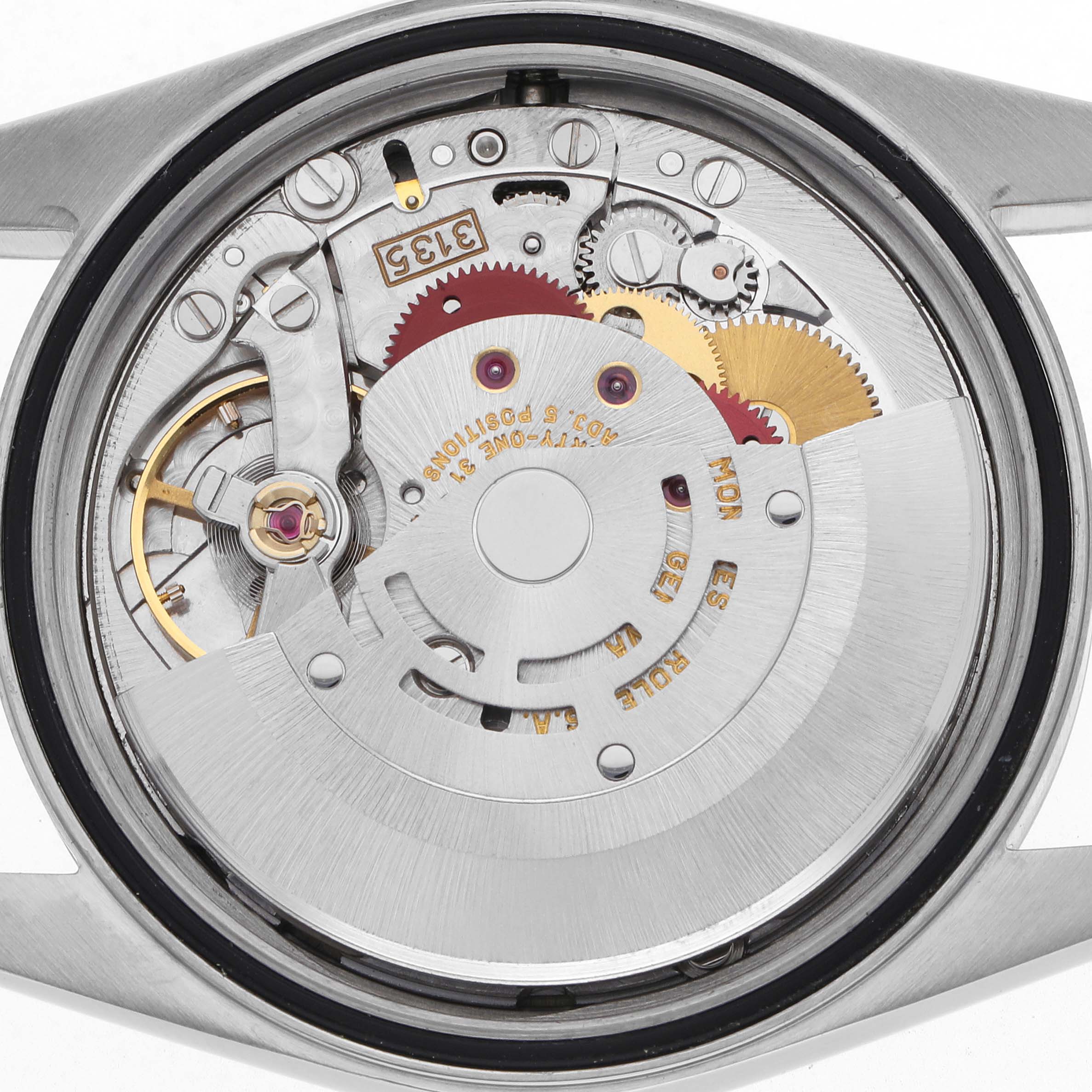 The image shows the movement and inner mechanics of a Rolex Datejust 16234 Men's Stainless Steel Silver Dial 16234 Men's Stainless Steel Silver Dial watch from the back.