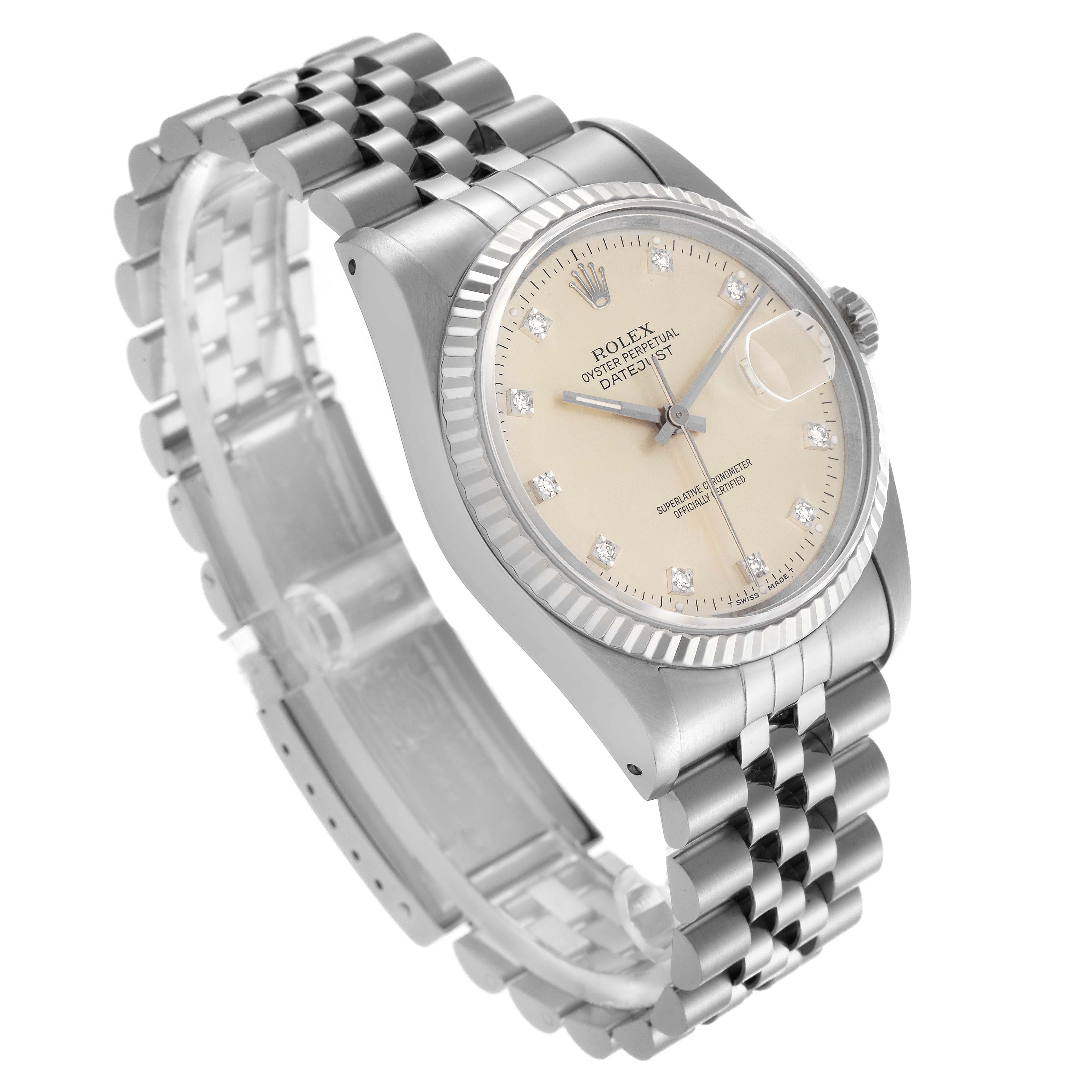 The Rolex Datejust 16234 Men's Stainless Steel Silver Dial 16234 Men's Stainless Steel Silver Dial watch is shown at a three-quarter angle, highlighting the face, bezel, and Jubilee bracelet.