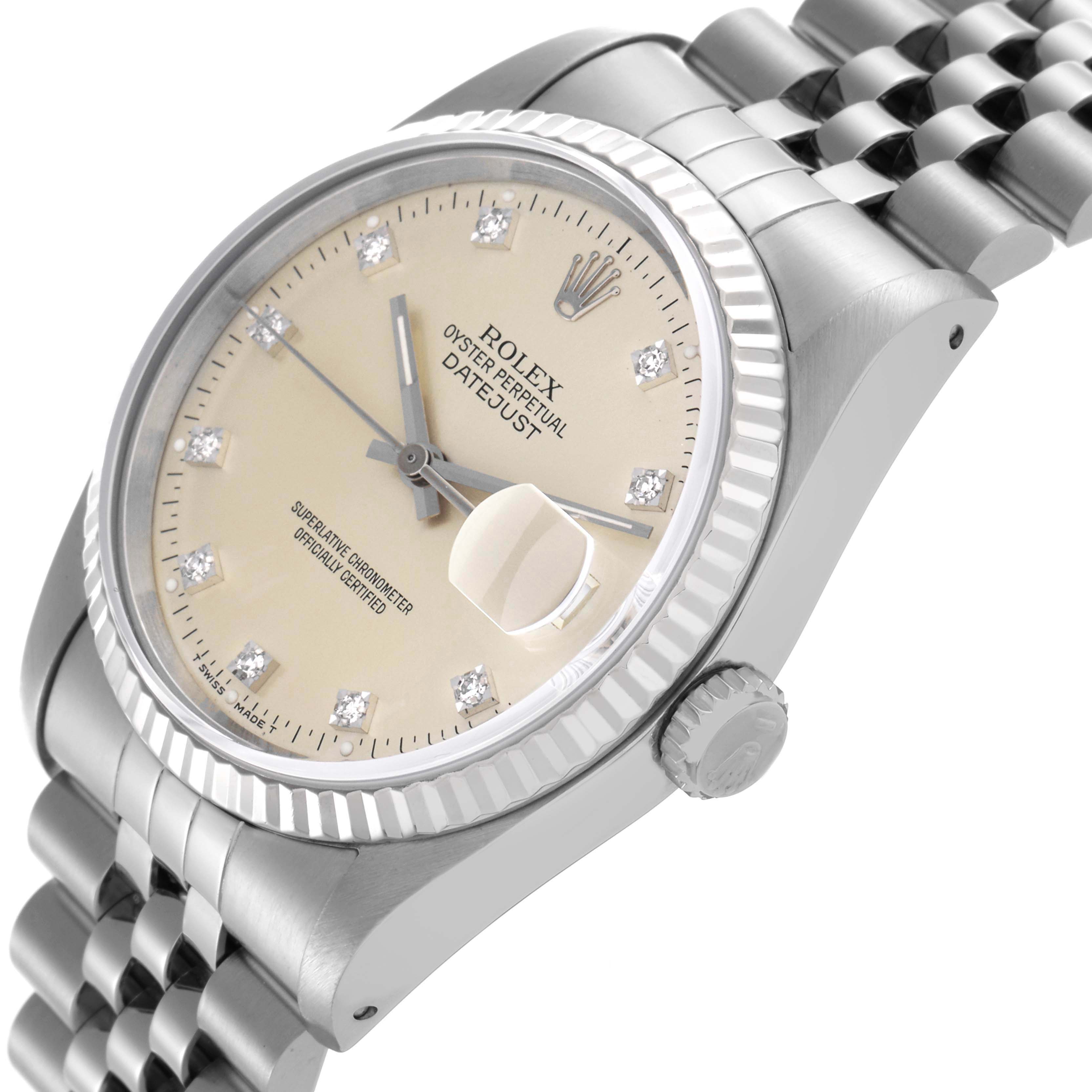The Rolex Datejust 16234 Men's Stainless Steel Silver Dial 16234 Men's Stainless Steel Silver Dial watch is shown angled from the front-right, displaying the dial, bezel, and bracelet.