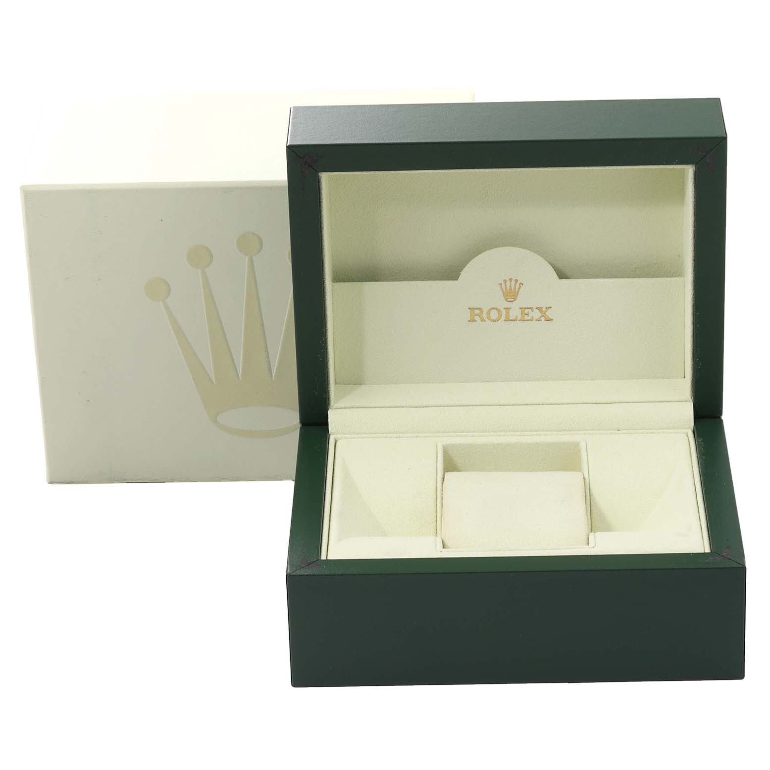 This image shows the open presentation box for a Rolex Datejust 116234 Men's Stainless Steel Silver Dial 116234 Men's Stainless Steel Silver Dial watch, featuring interior cushioning and the iconic Rolex logo.