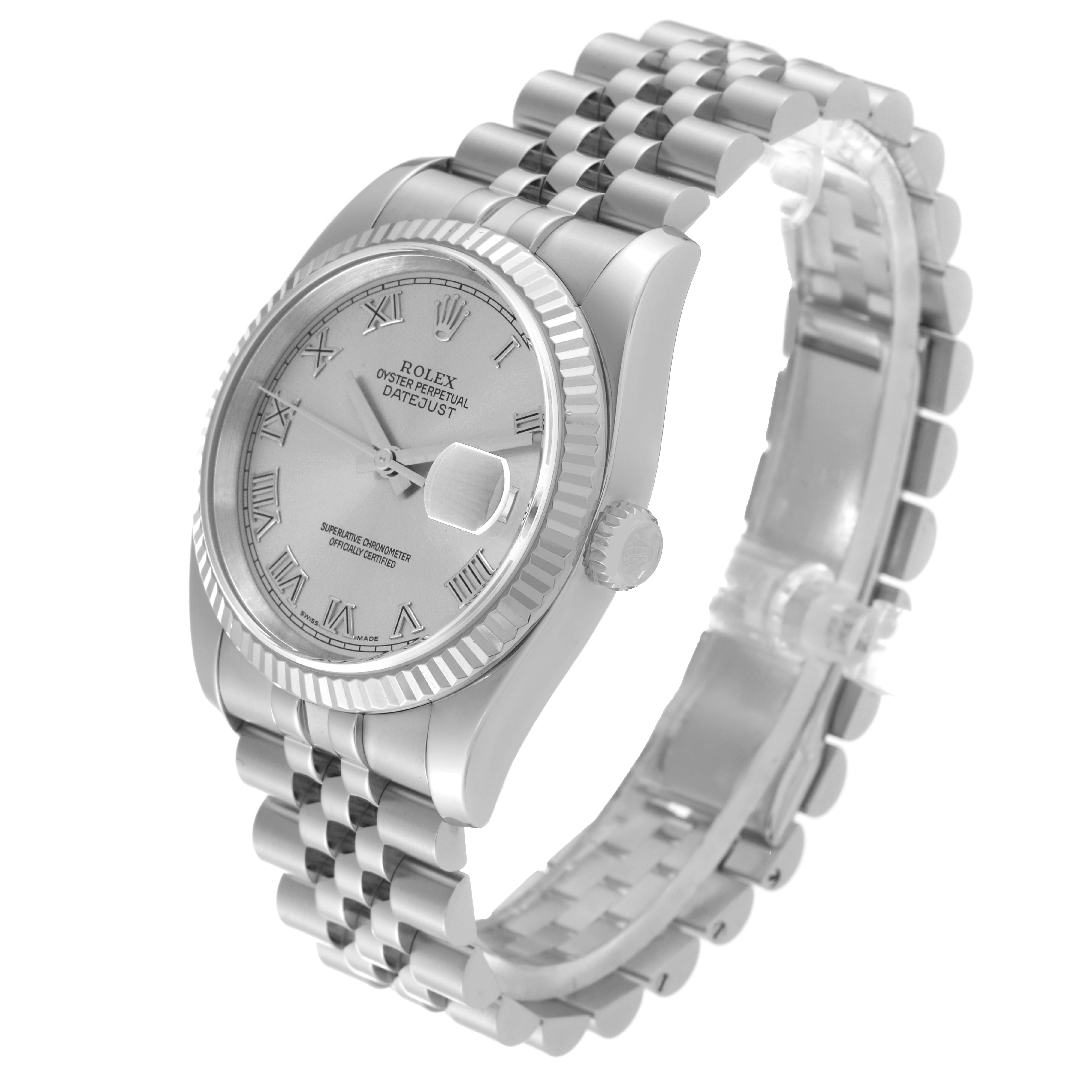 The image shows a Rolex Datejust 116234 Men's Stainless Steel Silver Dial 116234 Men's Stainless Steel Silver Dial watch at a three-quarter angle, highlighting its dial, bezel, crown, and bracelet.