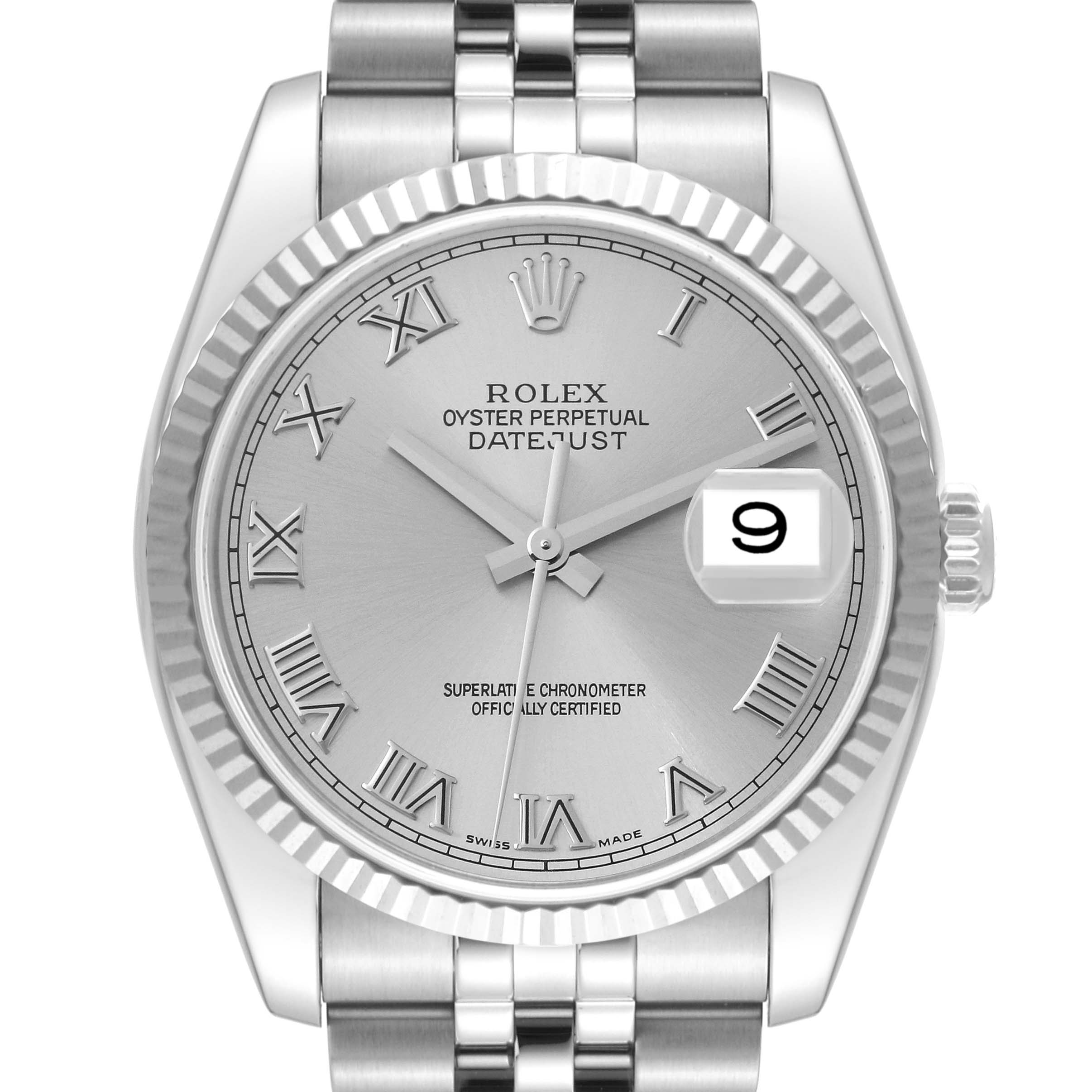 This image shows a close-up of the dial, bezel, and part of the bracelet of a Rolex Datejust 116234 Men's Stainless Steel Silver Dial 116234 Men's Stainless Steel Silver Dial watch.