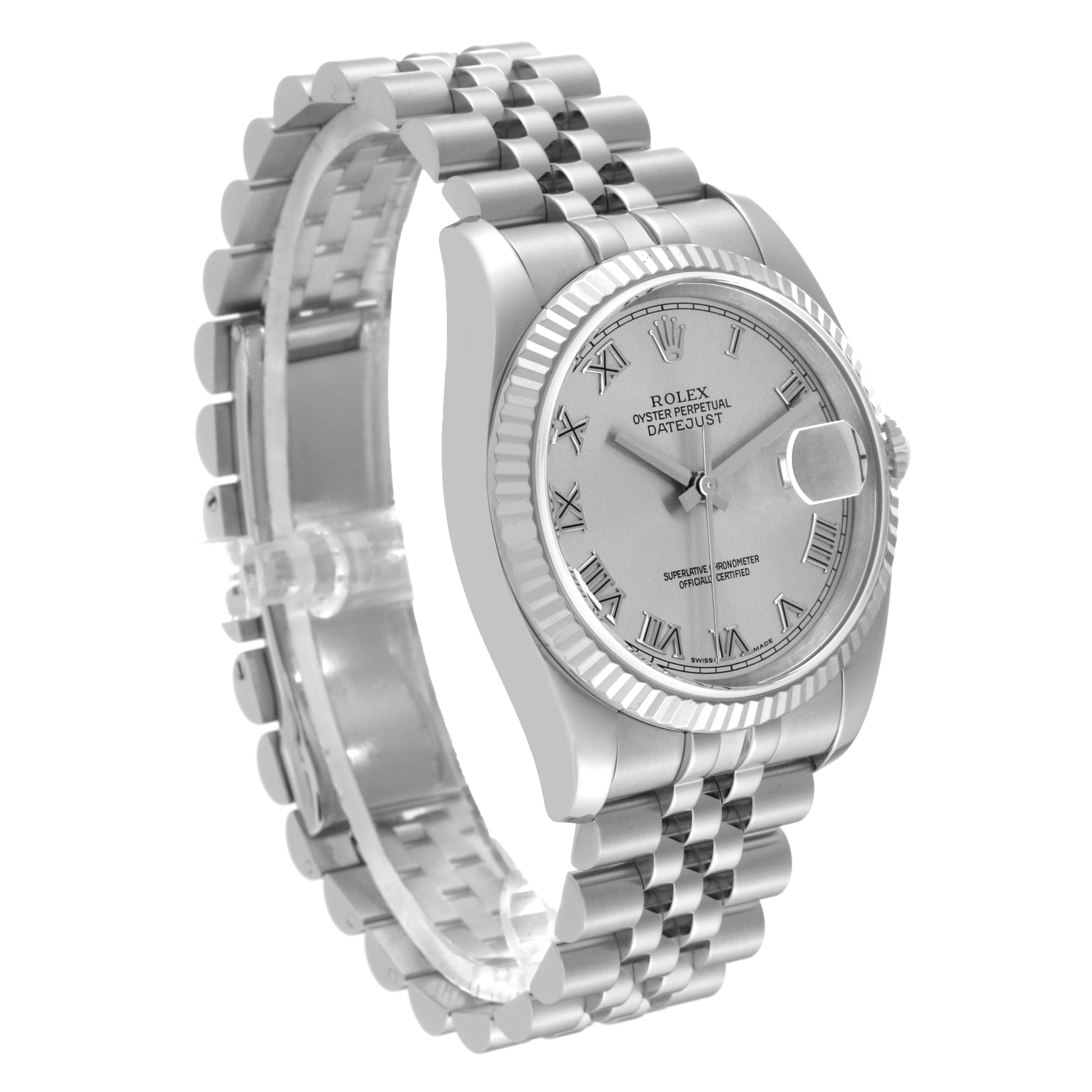 The image displays a Rolex Datejust 116234 Men's Stainless Steel Silver Dial 116234 Men's Stainless Steel Silver Dial watch at an angled side view, highlighting its bezel, dial, crown, and jubilee bracelet.