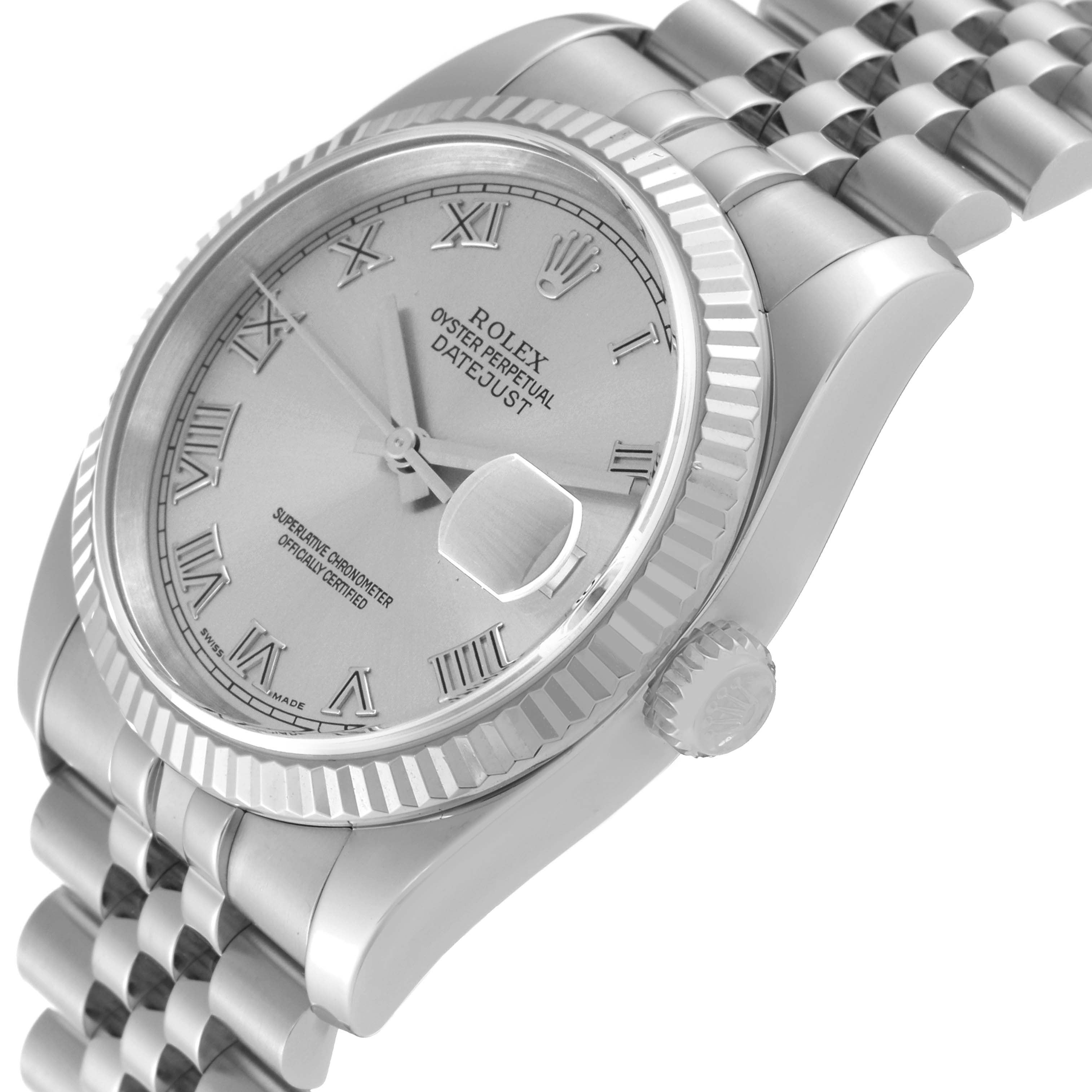 This image shows a close-up angle of the Rolex Datejust 116234 Men's Stainless Steel Silver Dial 116234 Men's Stainless Steel Silver Dial watch featuring its dial, crown, bezel, and part of the bracelet.