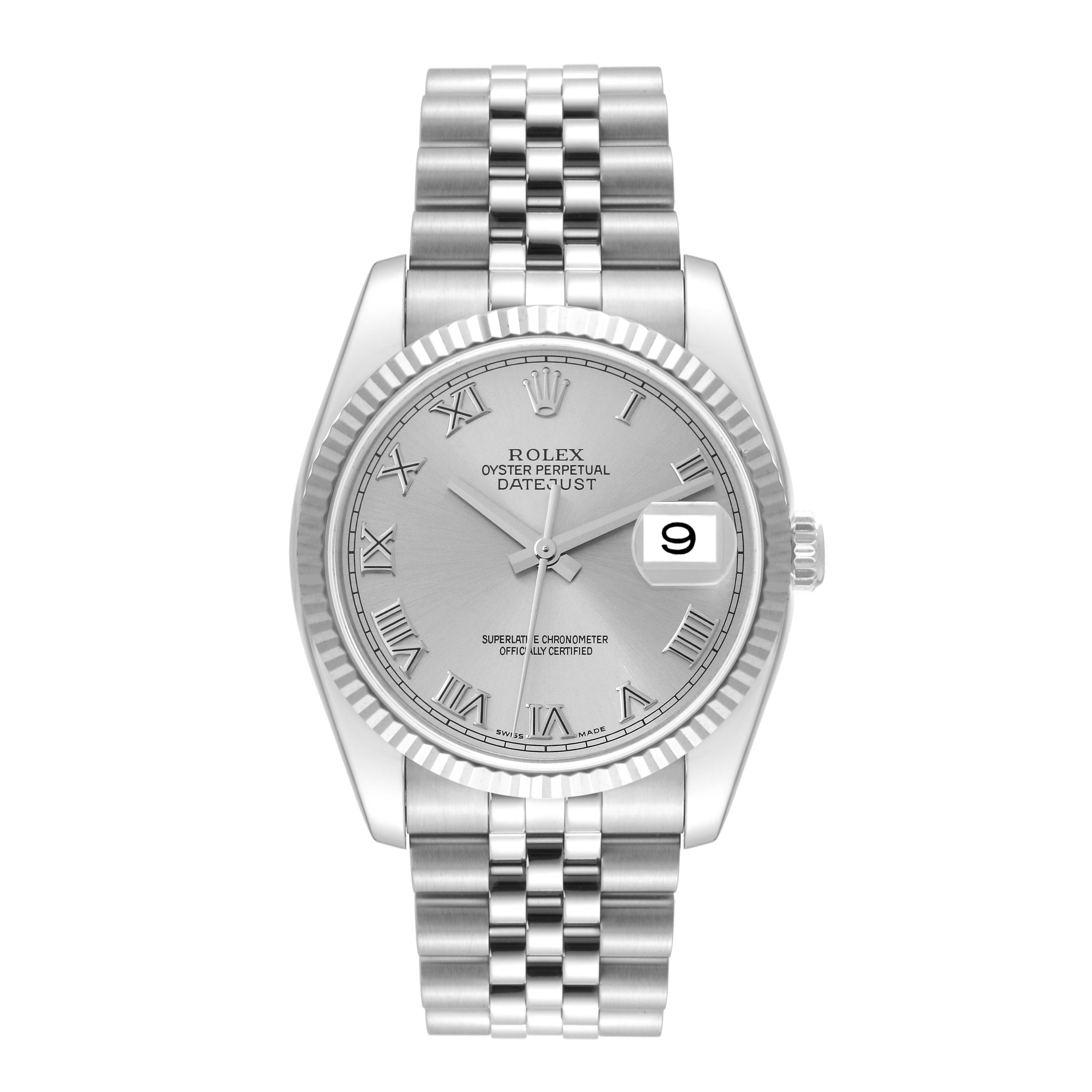 The image shows a Rolex Datejust 116234 Men's Stainless Steel Silver Dial 116234 Men's Stainless Steel Silver Dial watch from a front view, displaying the dial, hands, date window, and bracelet.